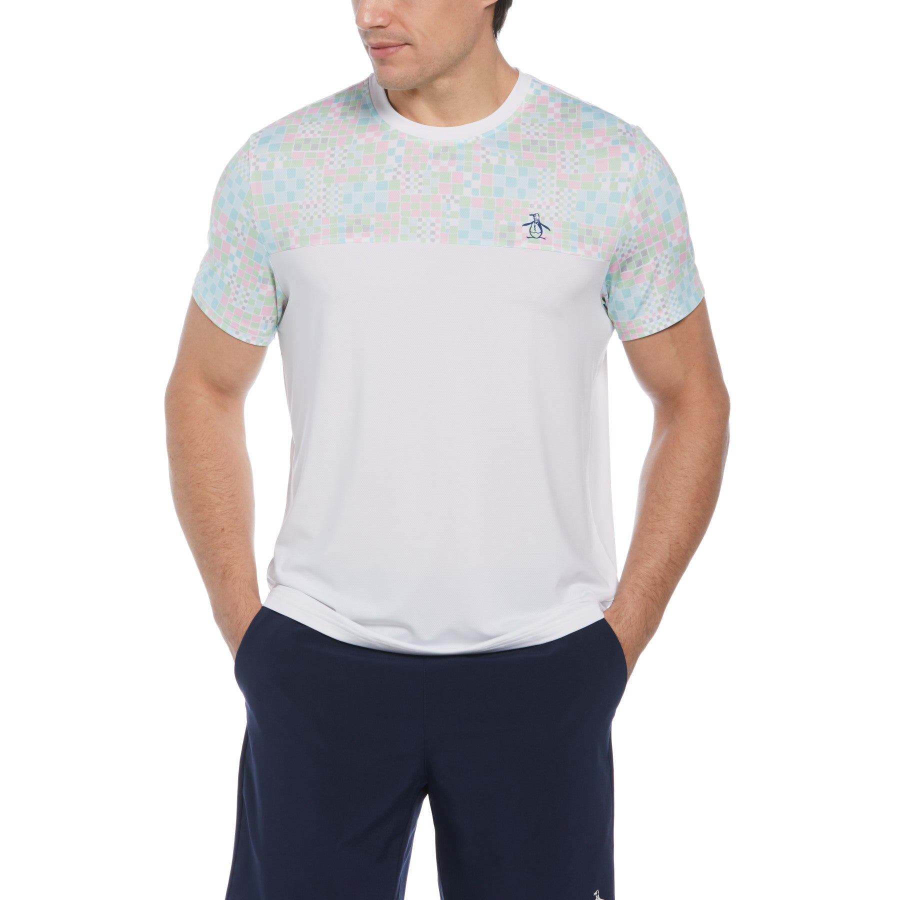 Checkerboard Block Performance Short Sleeve Tennis T-Shirt In Bright White