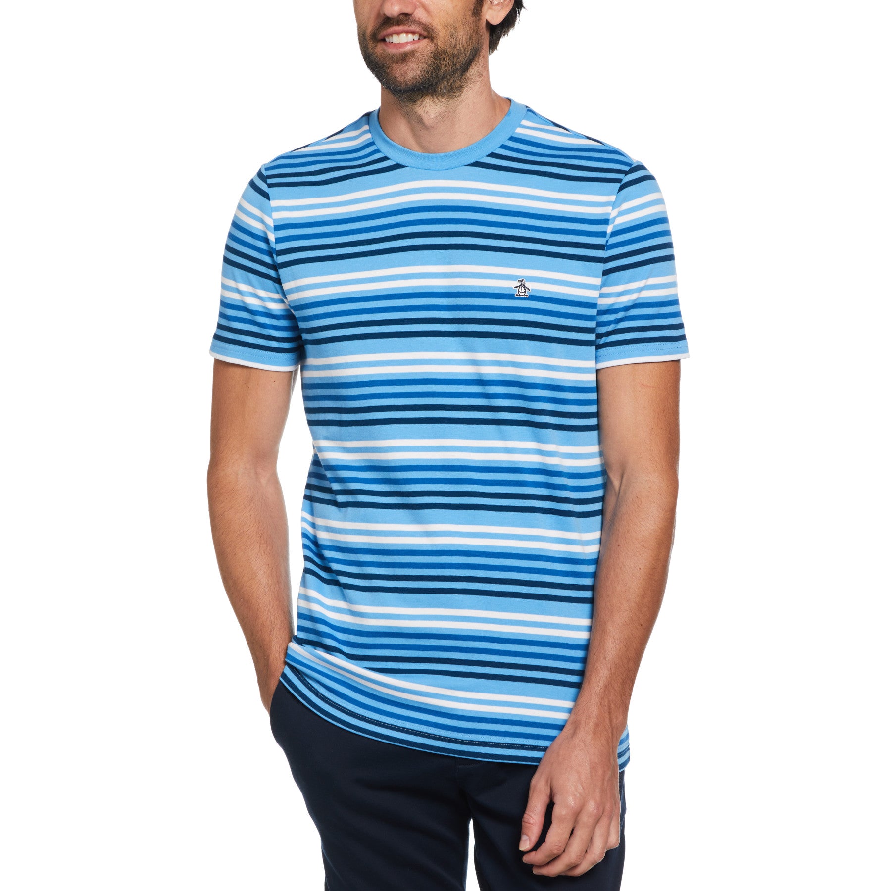 View Short Sleeve Interlock Engineered Stripe TShirt In Azure Blue information