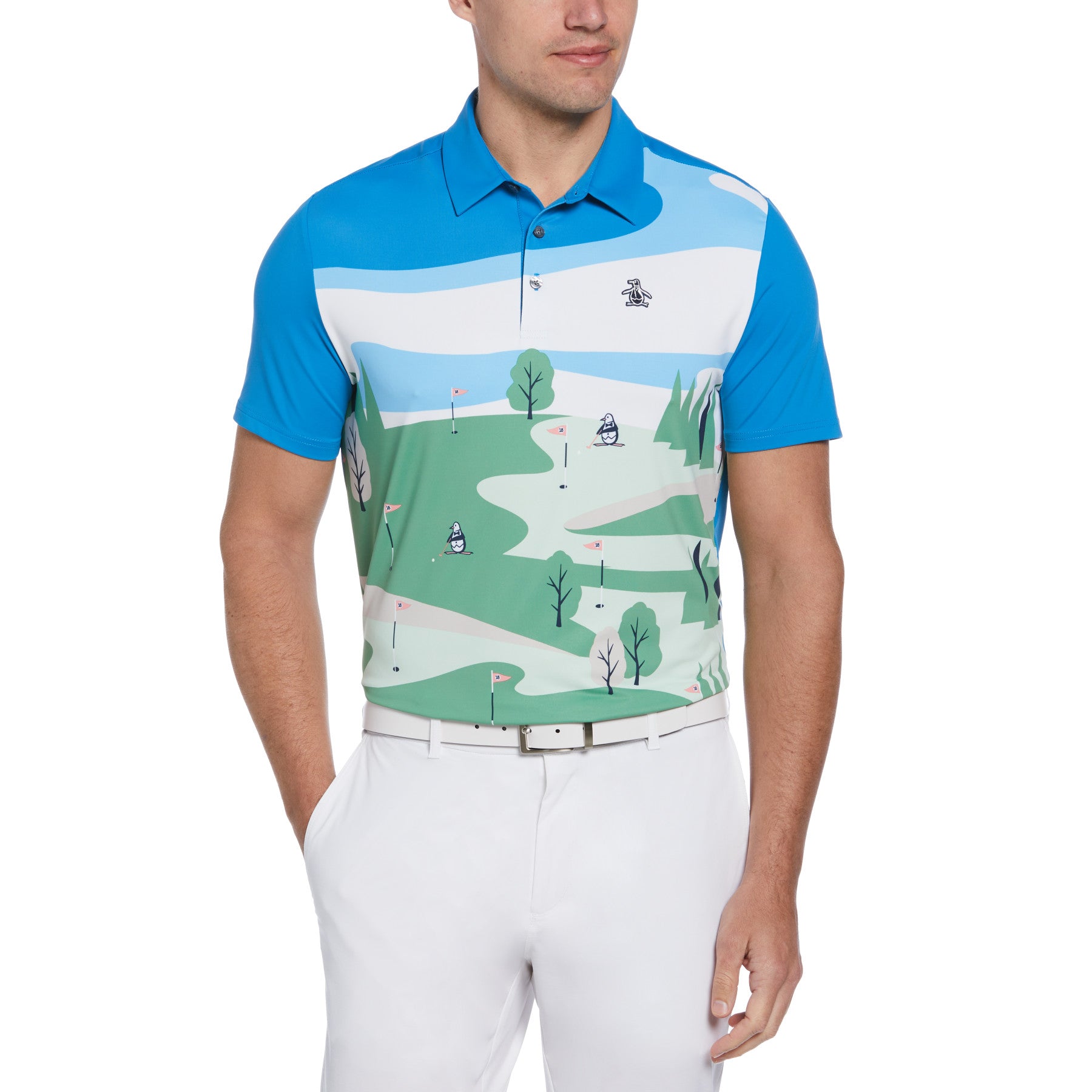 View Pete On The Course Print Short Sleeve Golf Polo Shirt In Mediterranean information