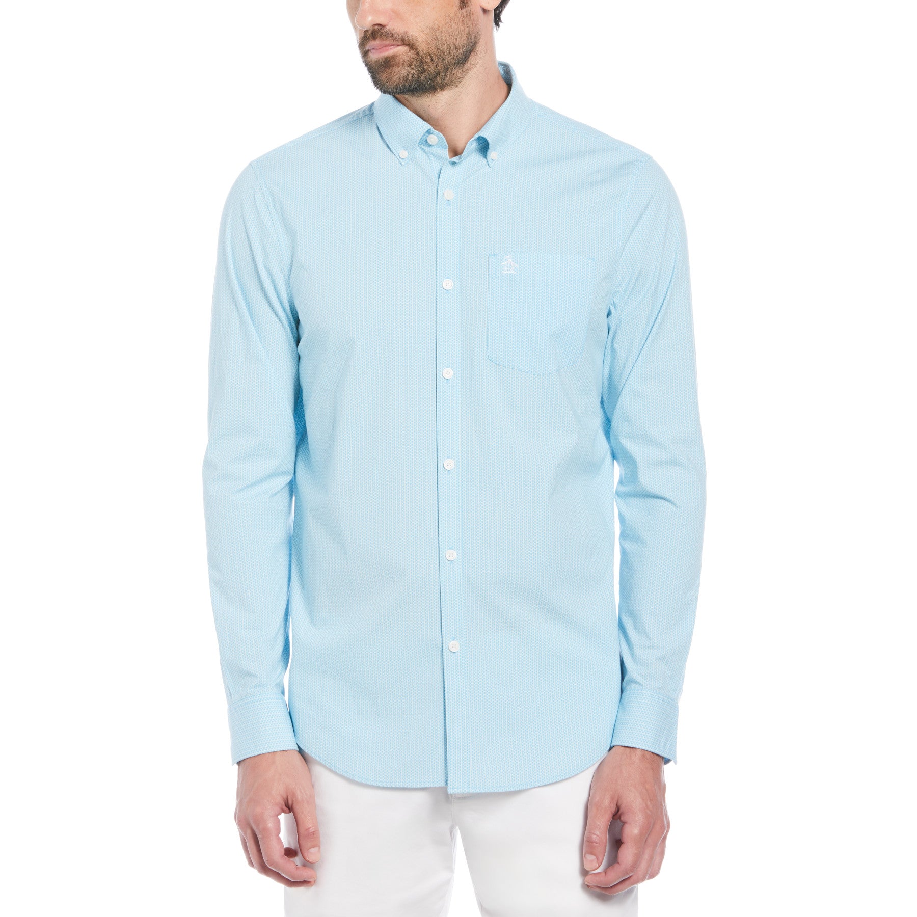 View Ecovero Mini Geometric Print Long Sleeve ButtonDown Shirt In Aquarius information