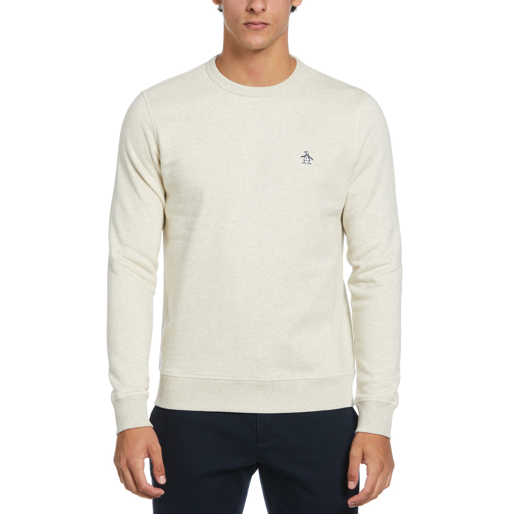 View Original Penguin Crew Neck Sticker Pete Fleece Sweatshirt In Birch Jasper Heather White Mens information