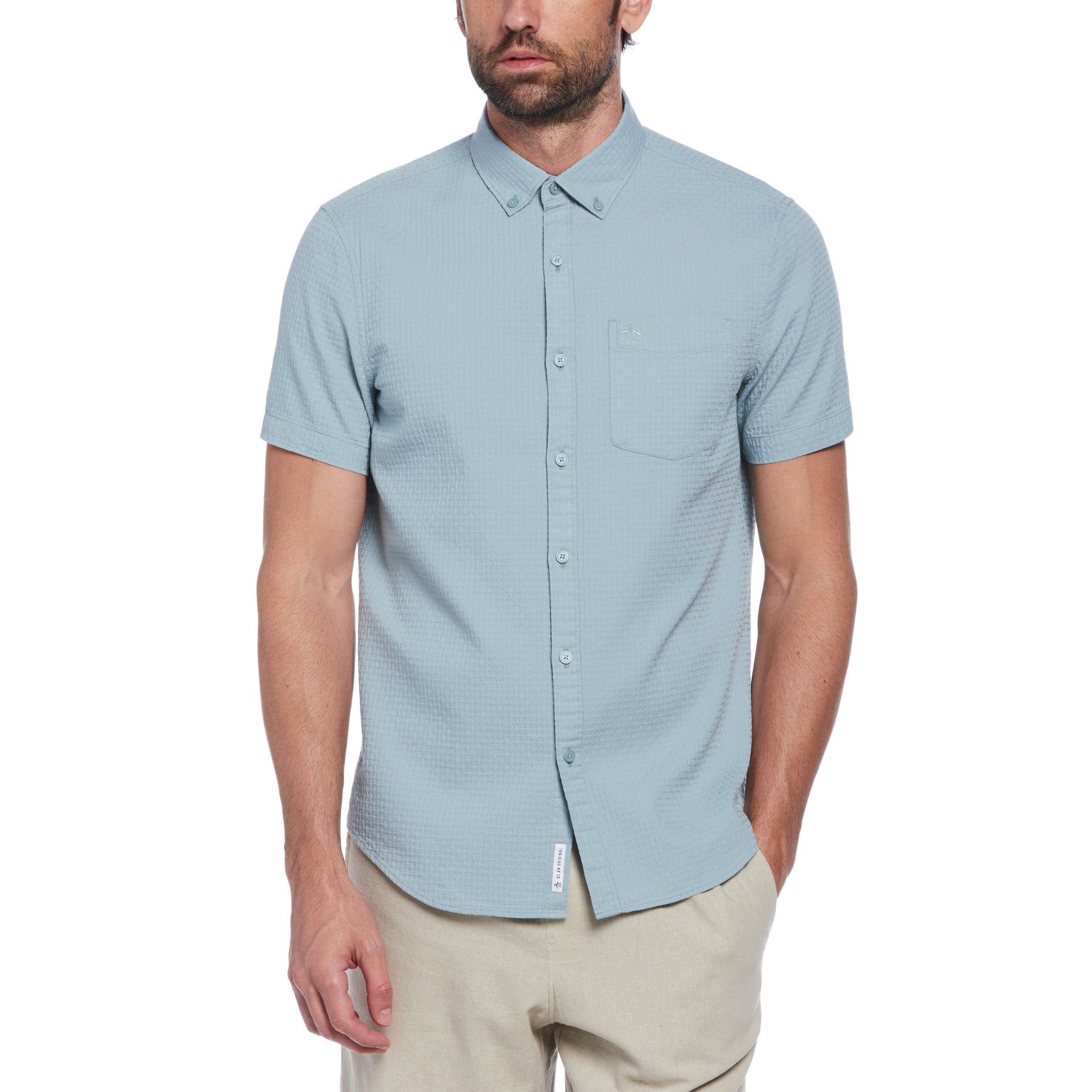 View Cotton Dobby Basketweave Textured Short Sleeve ButtonDown Shirt In To information