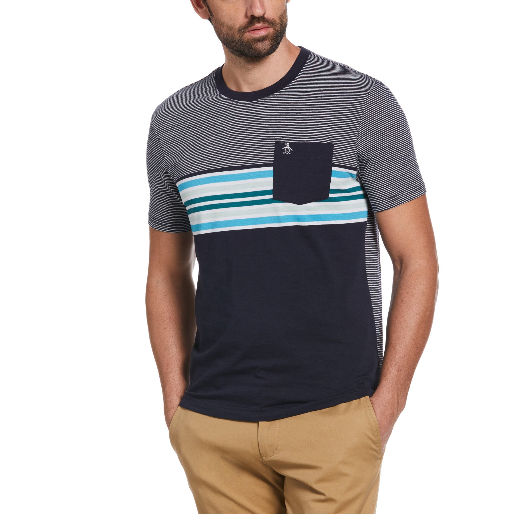 View Striped Colour Block Pocket TShirt In Dark Sapphire information