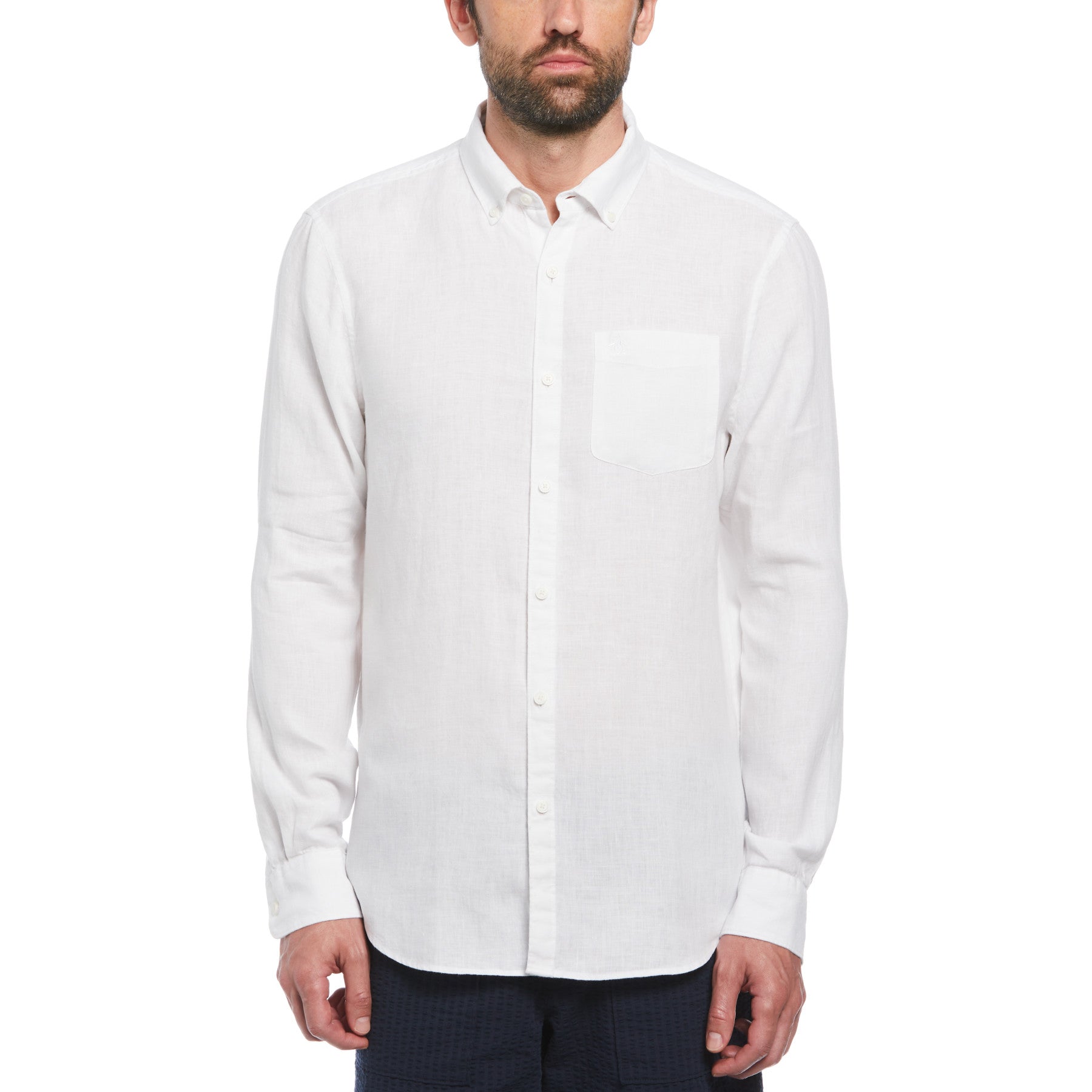 View Original Penguin Delave Linen Long Sleeve ButtonDown Shirt In Bright White White Mens information