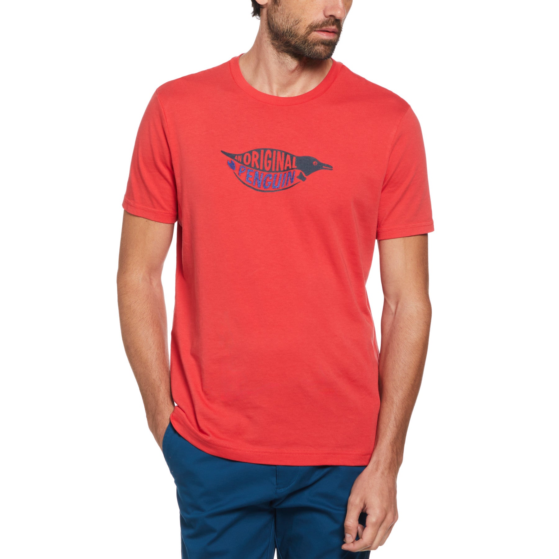 Embroidered Penguin Graphic T-Shirt In Racing Red