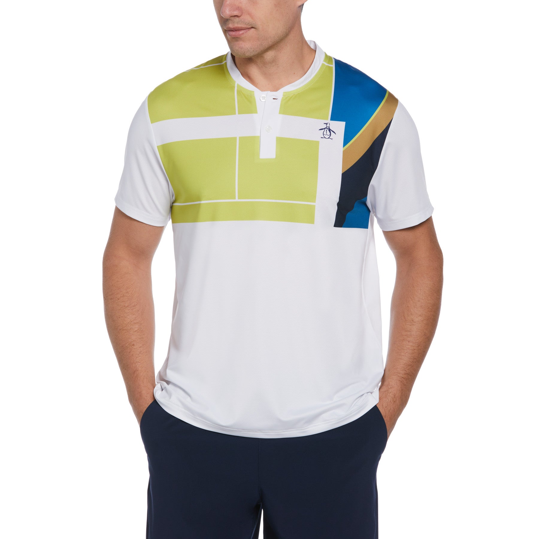 View Abstract Printed Henley Tennis Shirt In Bright White information