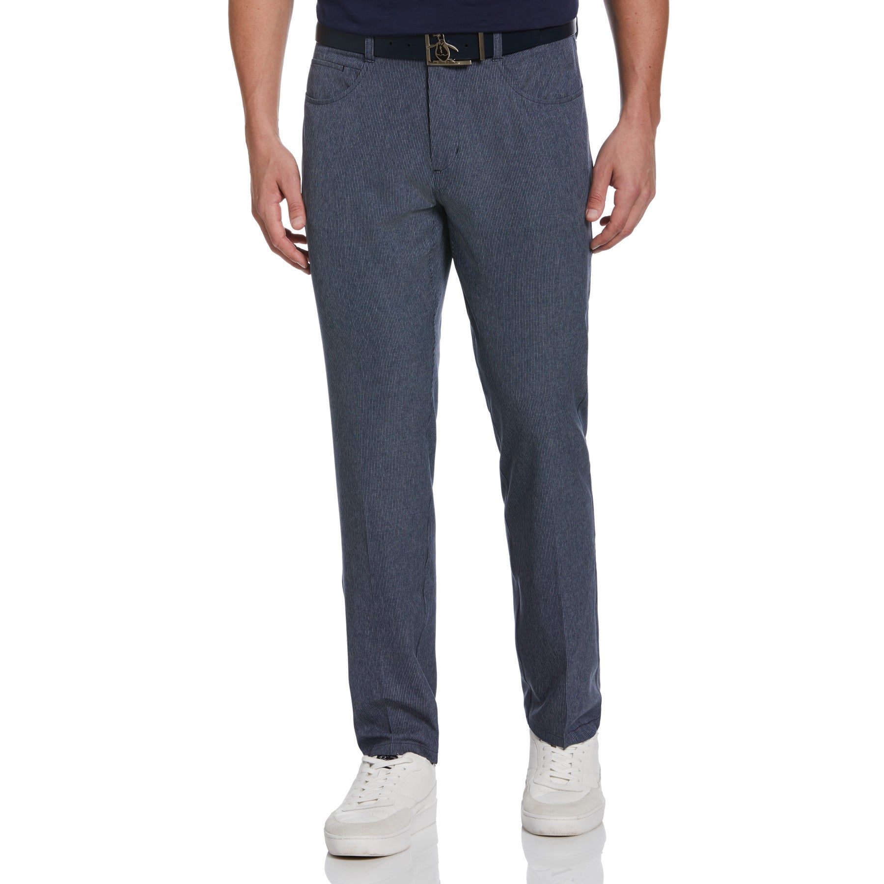 View Flat Front Fine Line Print Golf Pant In Black Iris information
