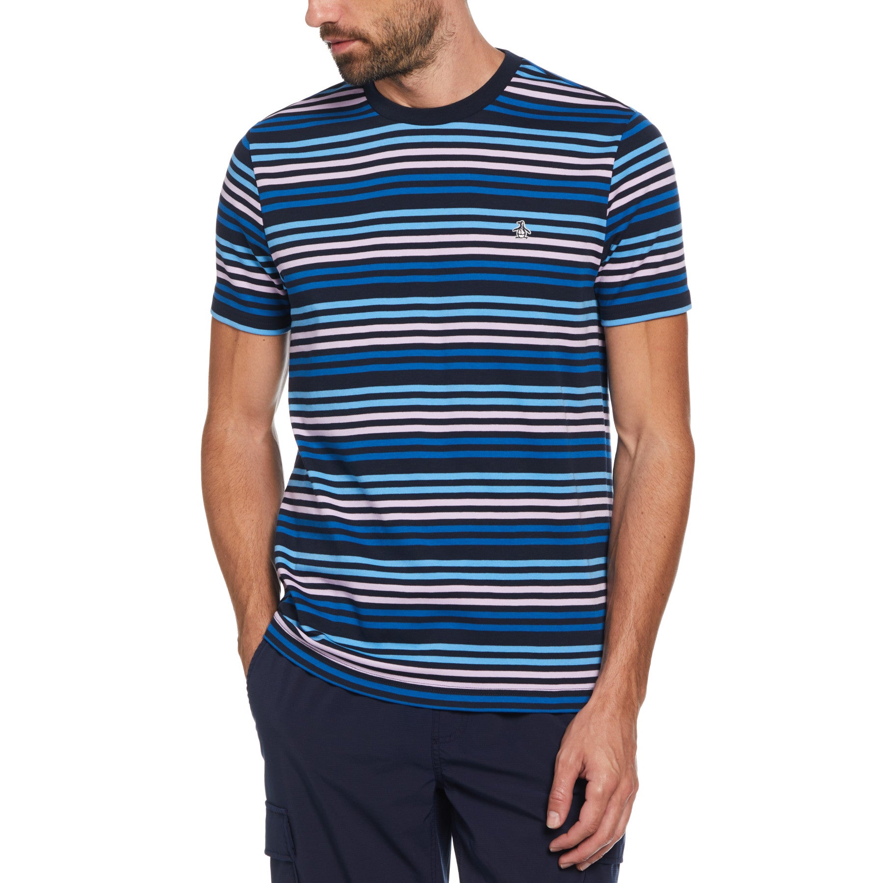 View Original Penguin Short Sleeve Interlock Engineered Stripe TShirt In Dark Sapphire Blue Mens information