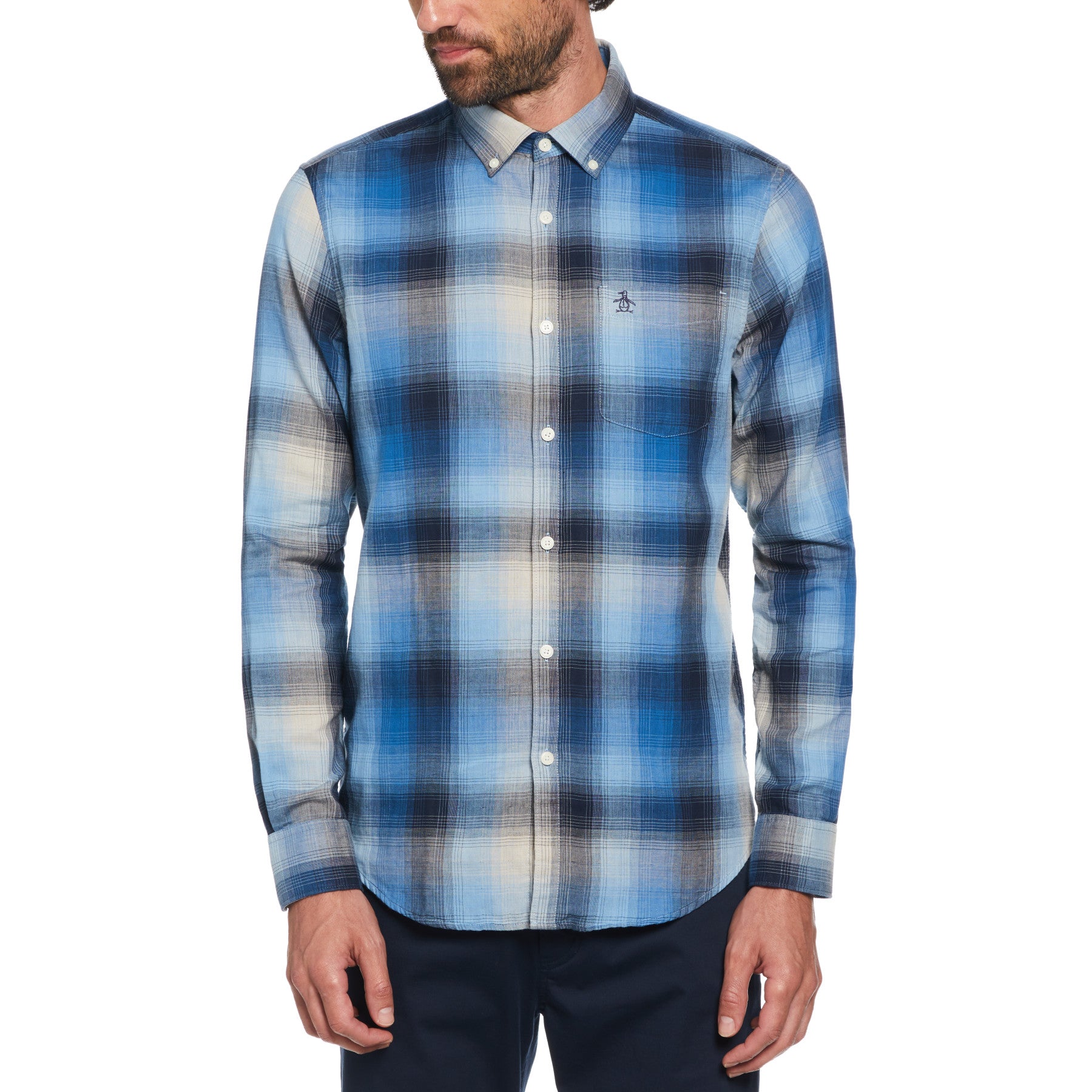 View Double Weave Plaid Pattern Shirt In Azure Blue information