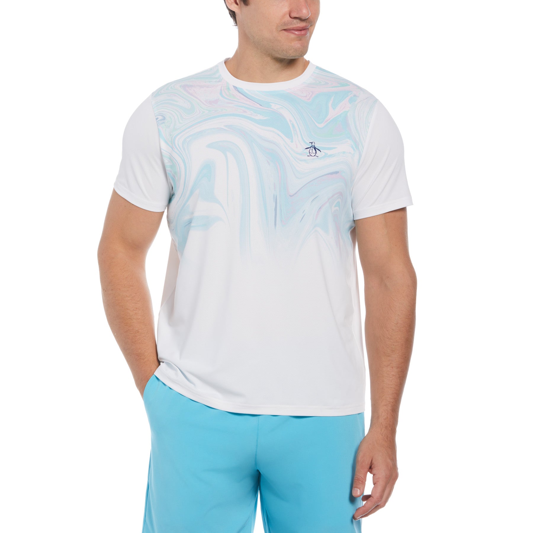 View Marble Print Performance Short Sleeve Tennis TShirt In Bright White information