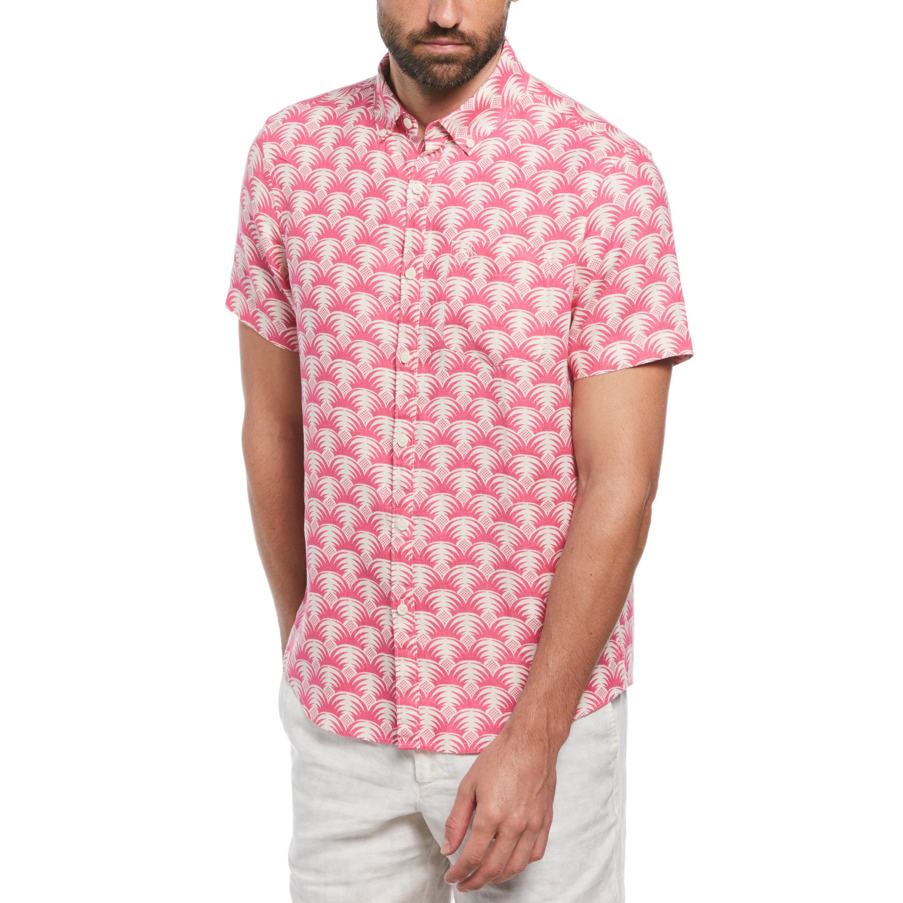 View Delave Linen Geometric Palm Print Short Sleeve ButtonDown Shirt In Bi information