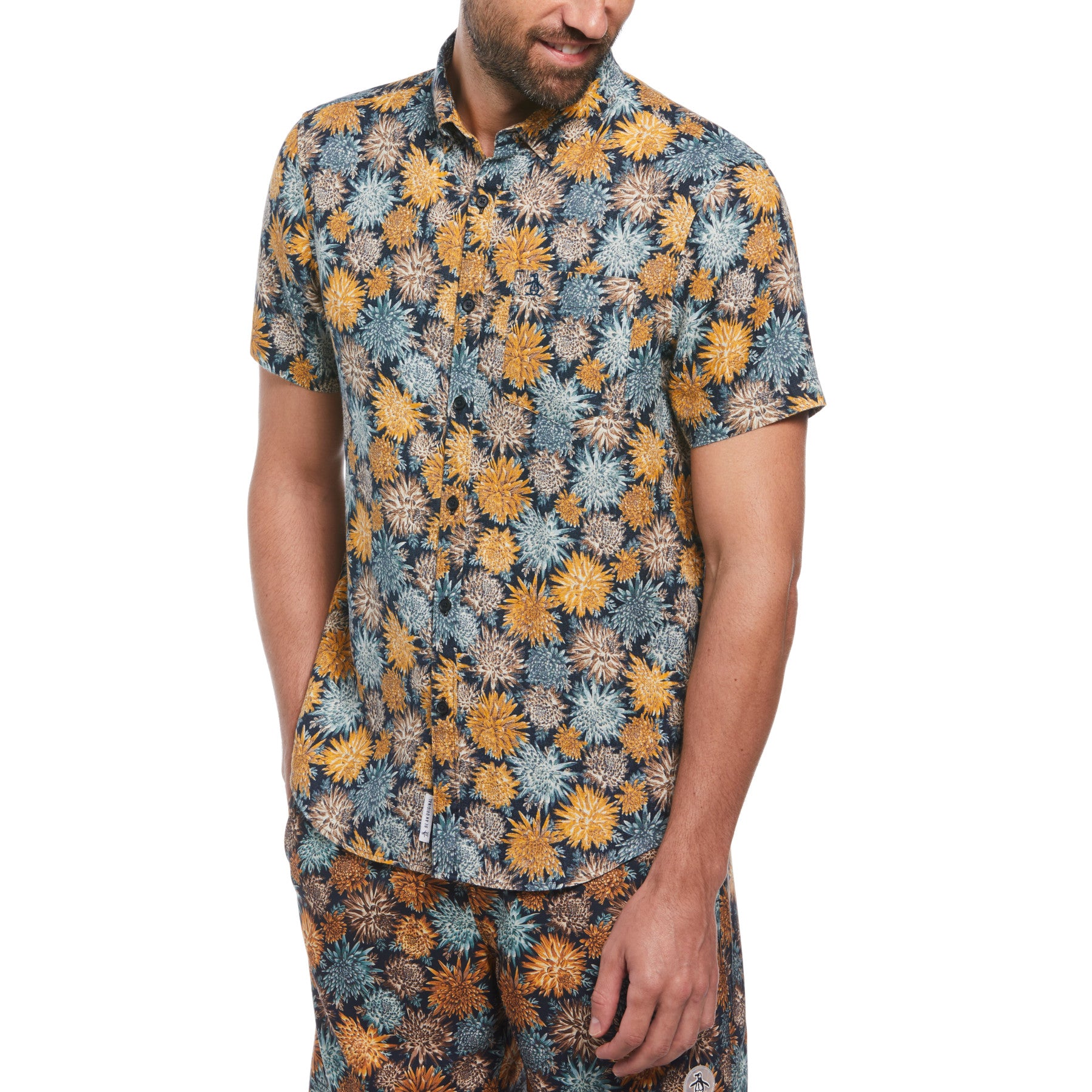 Linen Floral Print Short Sleeve Button-Down Shirt In Dark Sapphire