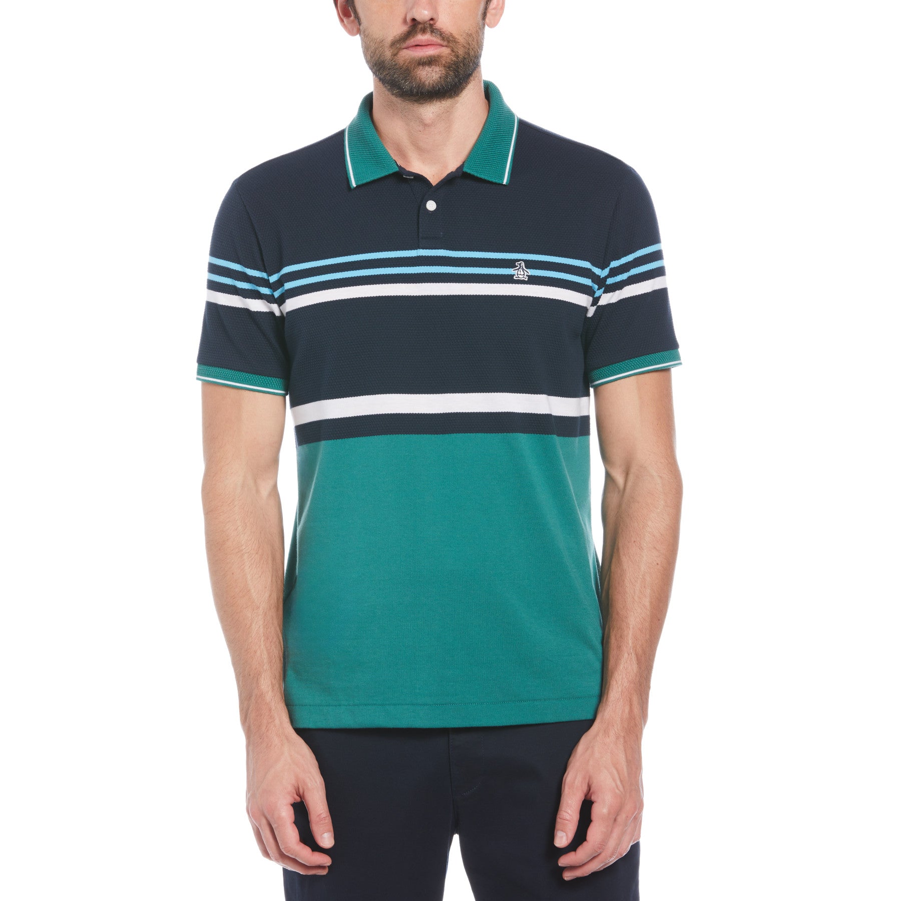 View Original Penguin Jacquard Honeycomb Stripe Pattern Short Sleeve Polo Shirt In Antique G Green Mens information