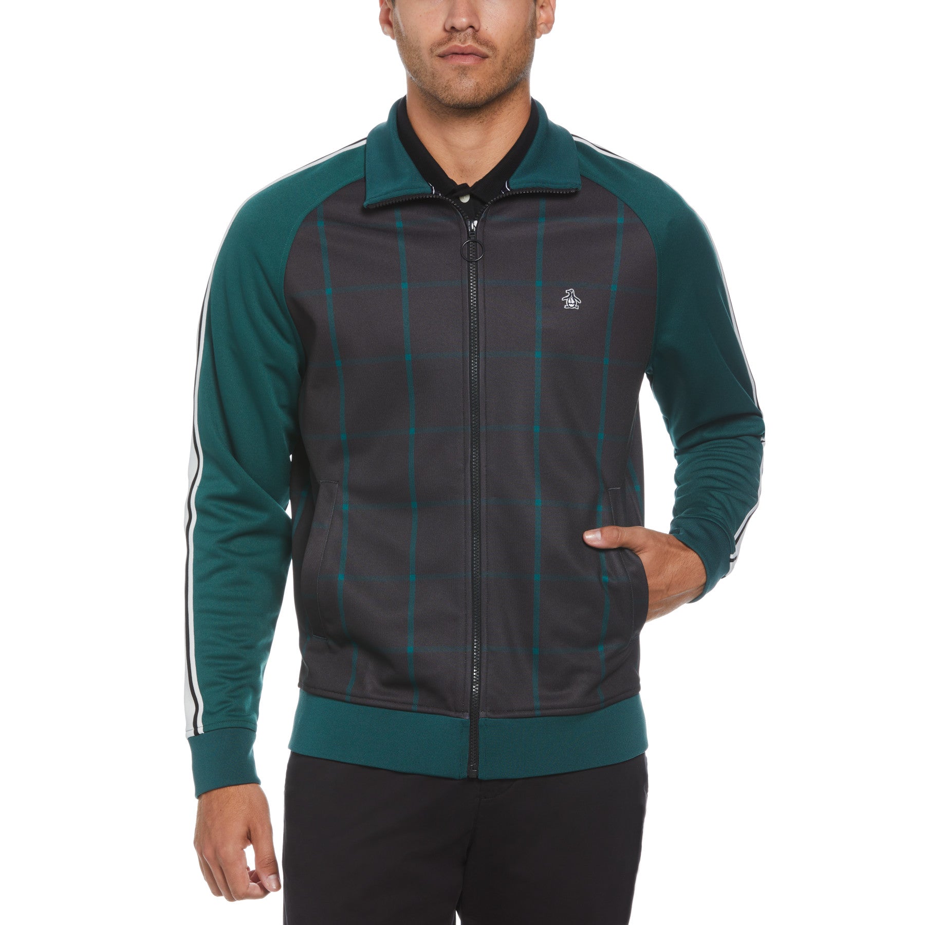 View Solid Tape Plaid Track Jacket In June Bug information