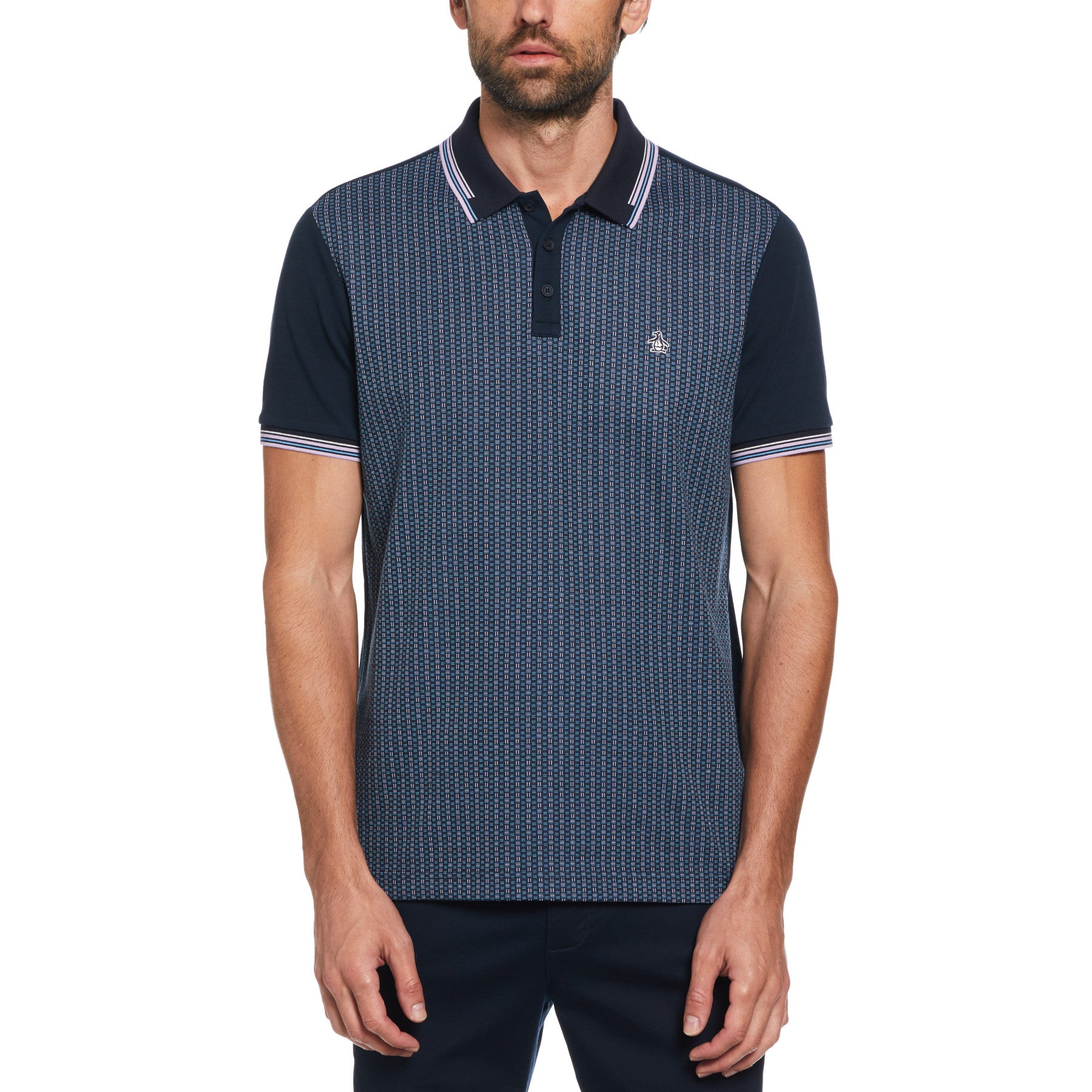 View Jacquard Front Basketweave Print Polo Shirt In Dark Sapphire information