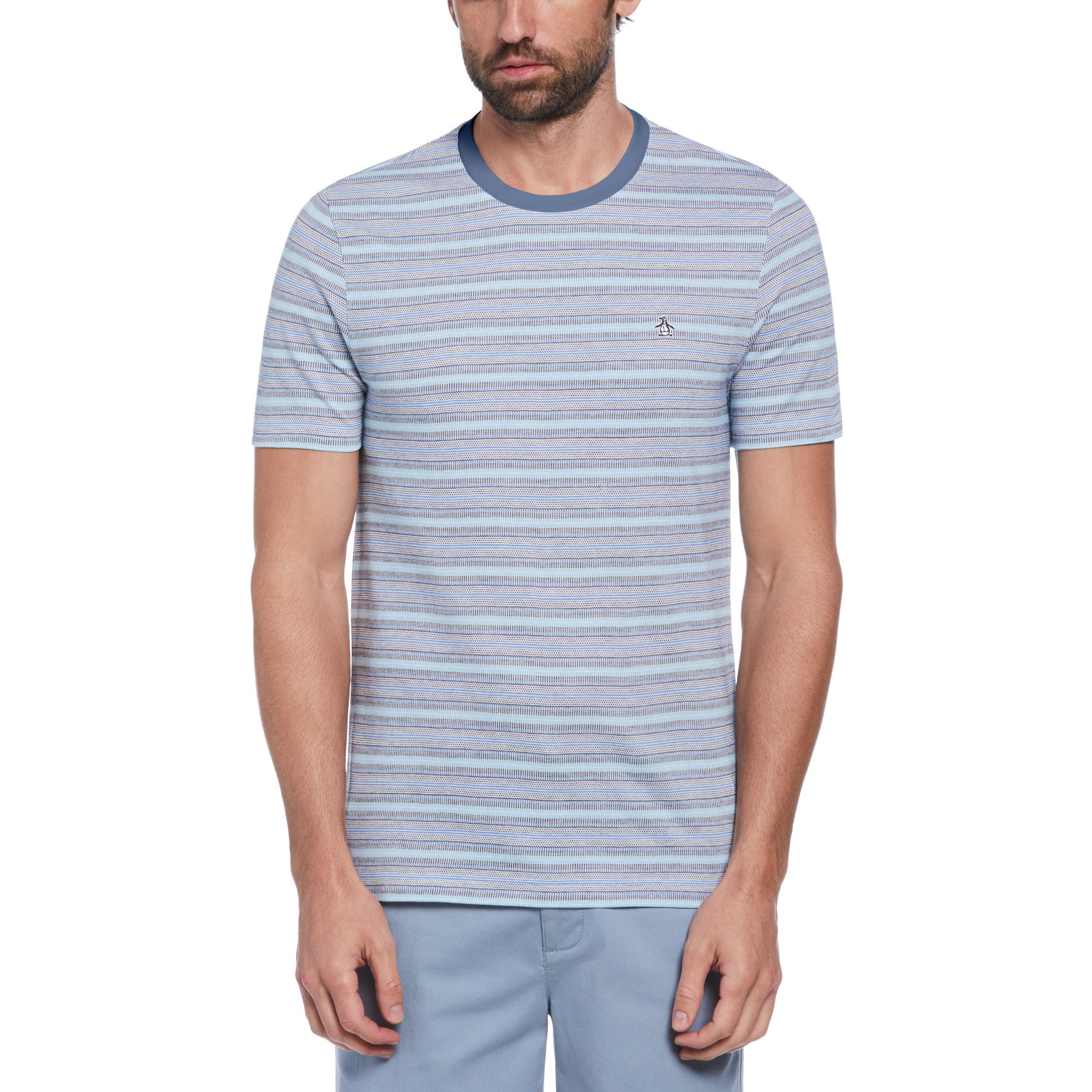 View Original Penguin Birdseye Pique Striped TShirt In Dark Sapphire Blue Mens information