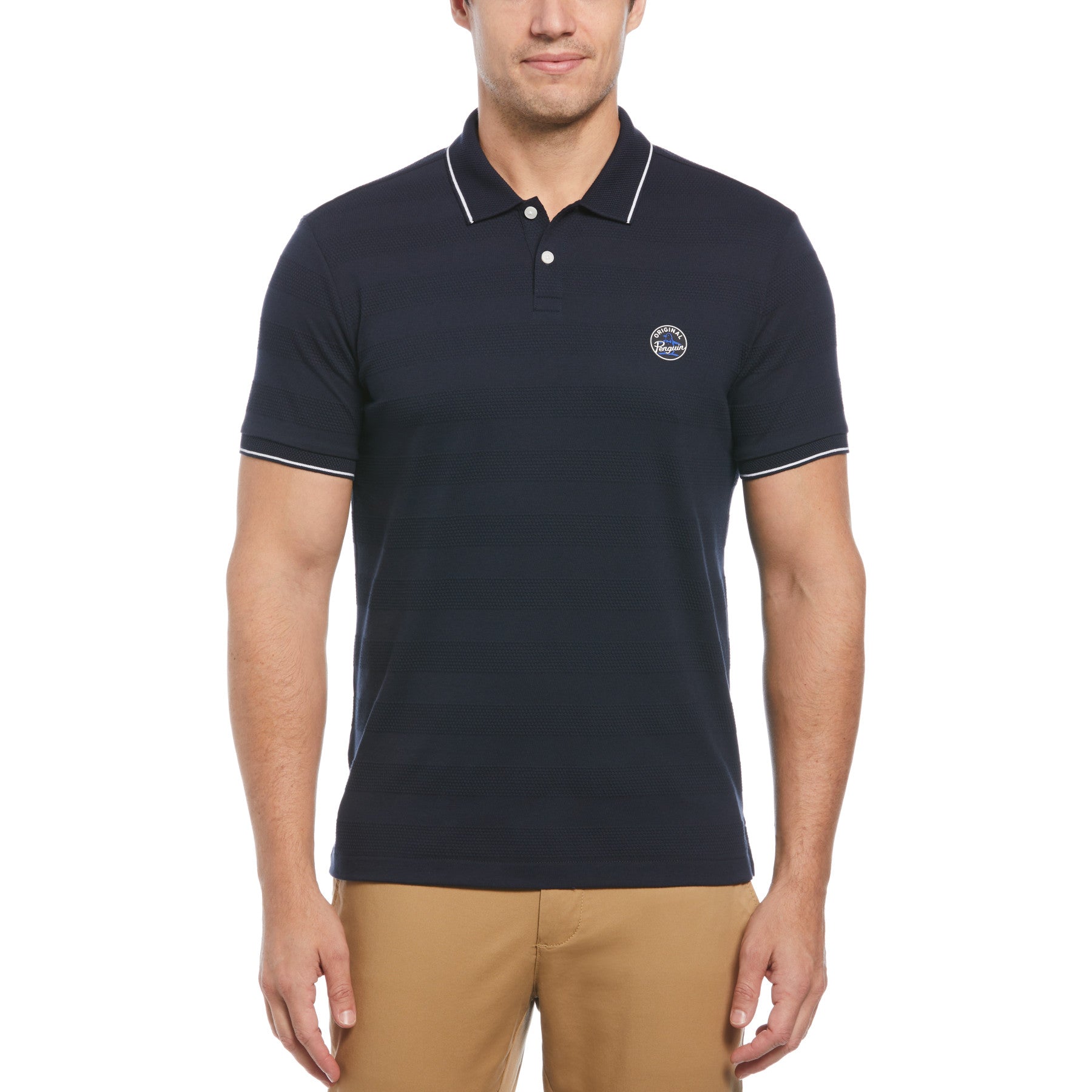 View Jacquard Honeycomb Pattern Short Sleeve Polo Shirt In Dark Sapphire information