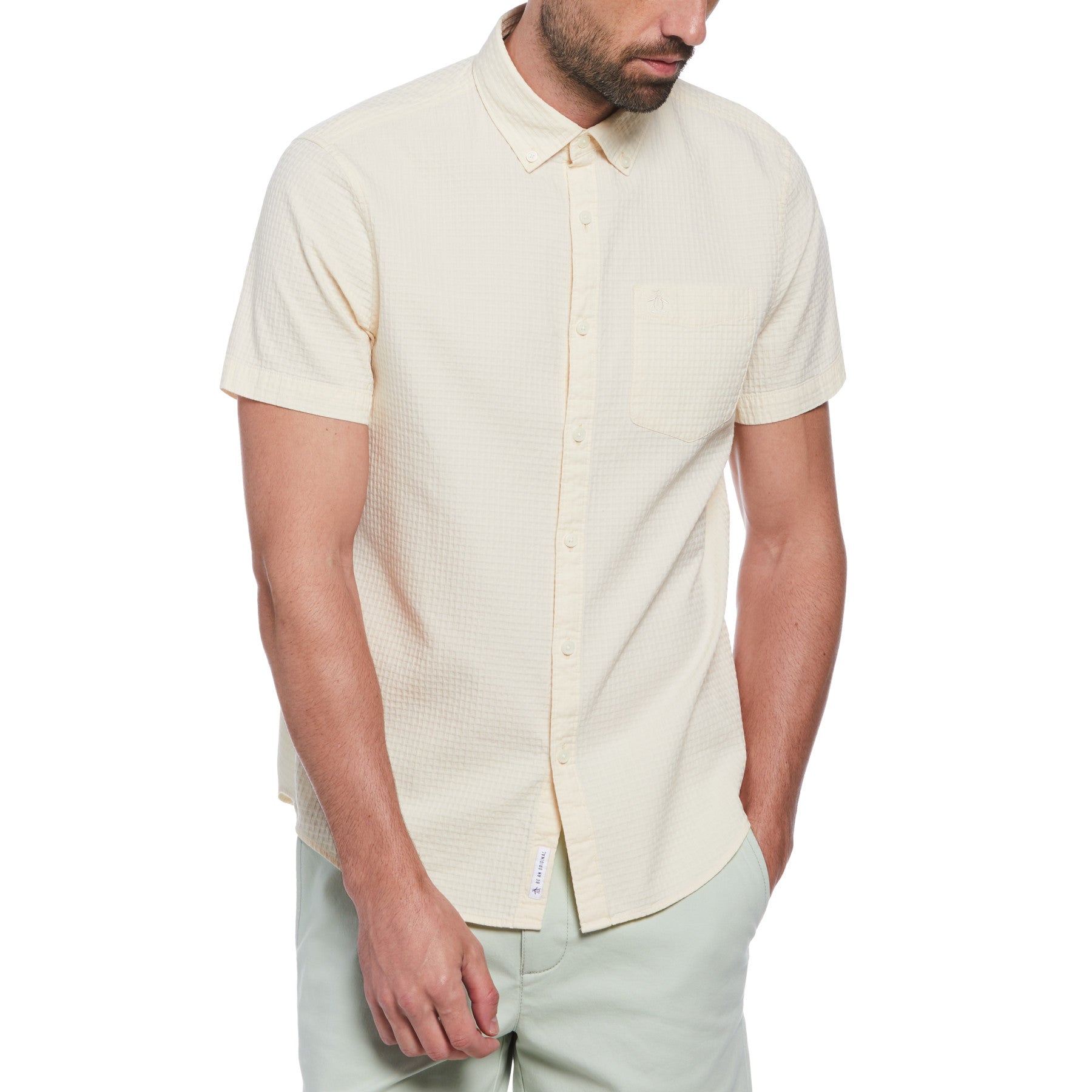 View Cotton Dobby Basketweave Textured Short Sleeve ButtonDown Shirt In Bi information