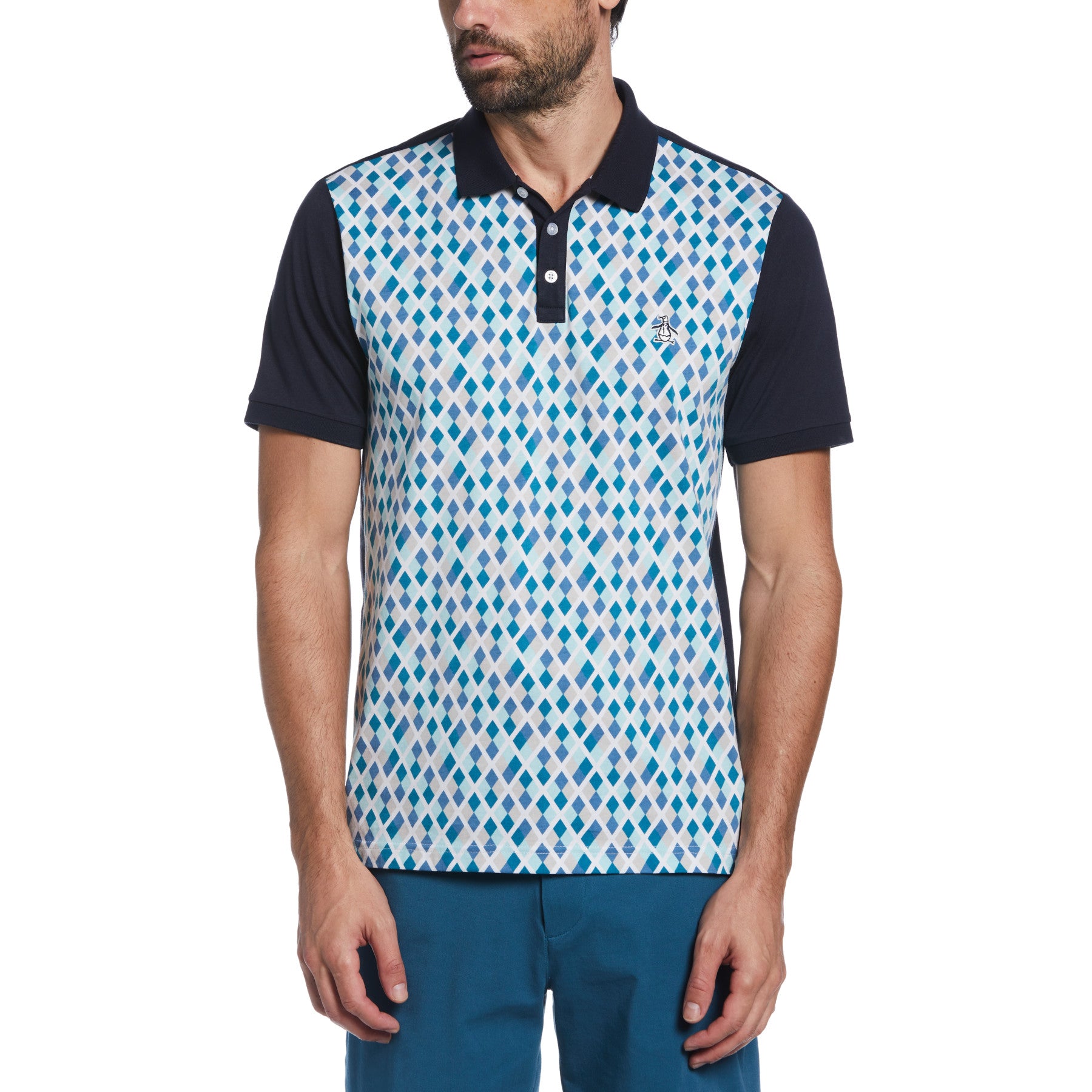 View Diamond Print Front Short Sleeve Polo Shirt In Dark Sapphire information