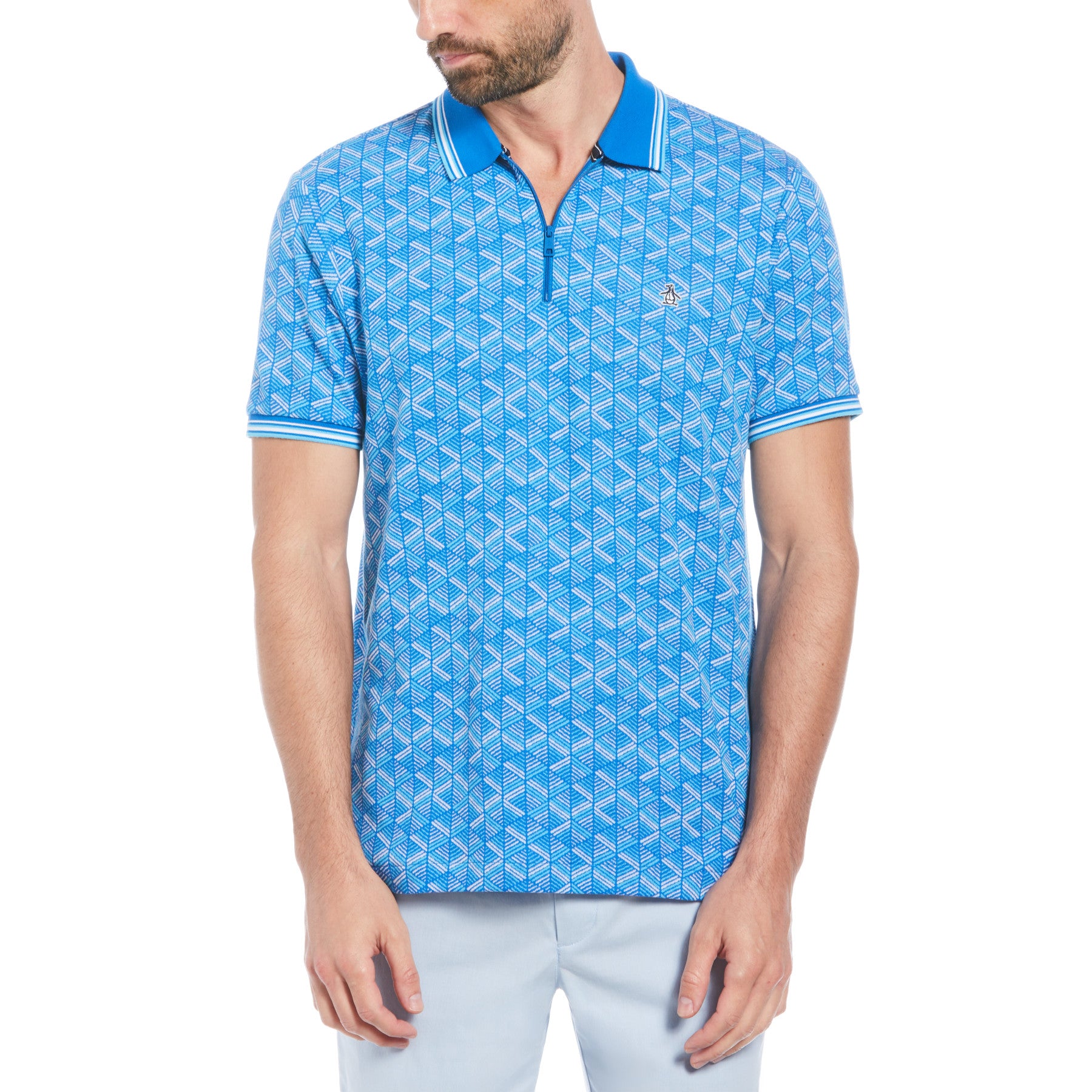 View Jacquard Geometric Print 14 Zip Short Sleeve Polo Shirt In Skydiver information