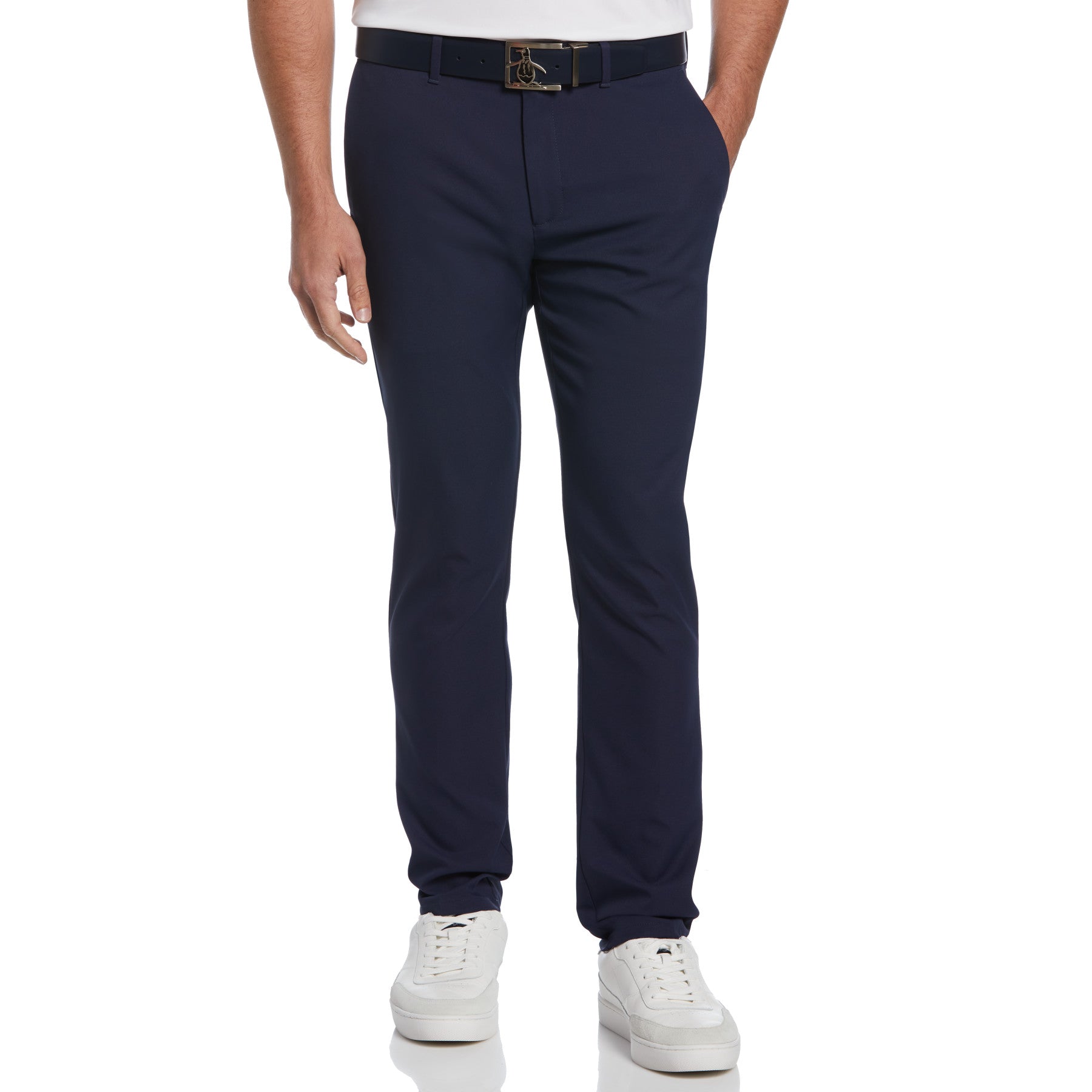 View Flat Front Solid Golf Trousers In Black Iris information