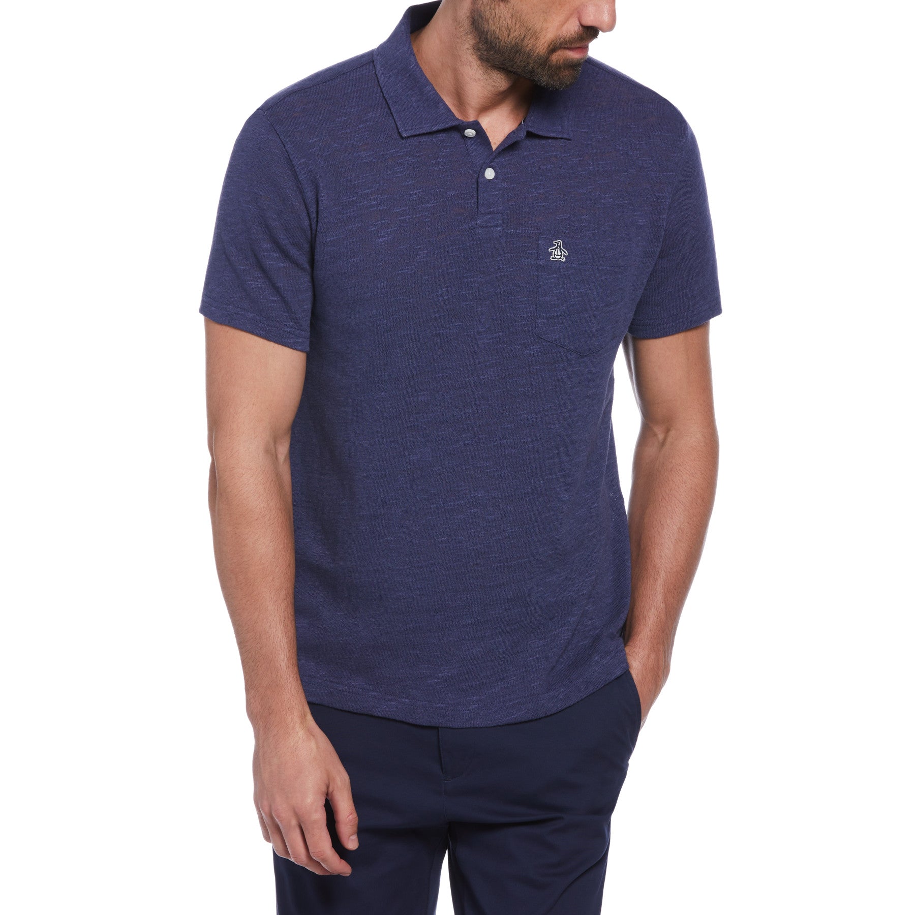 View Original Penguin Linen Cotton Slub Short Sleeve Polo Shirt In Blue Indigo Blue Mens information