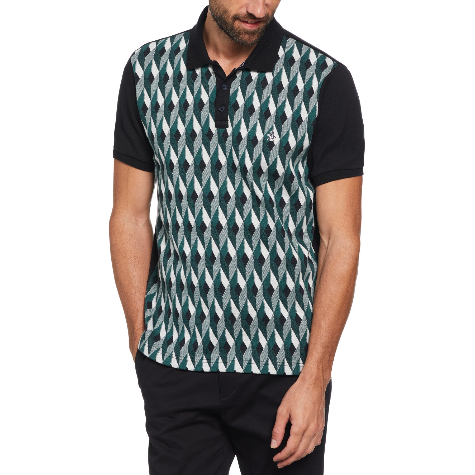 Jacquard Front Diamond Geo Print Polo Shirt In June Bug