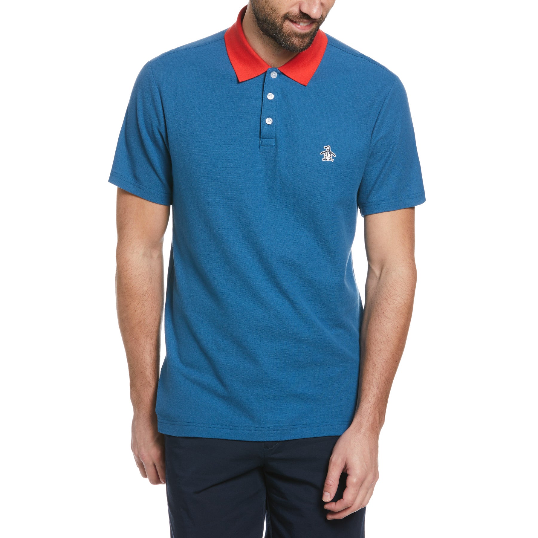 View Contrast Collar Polo Shirt In Dark Blue information
