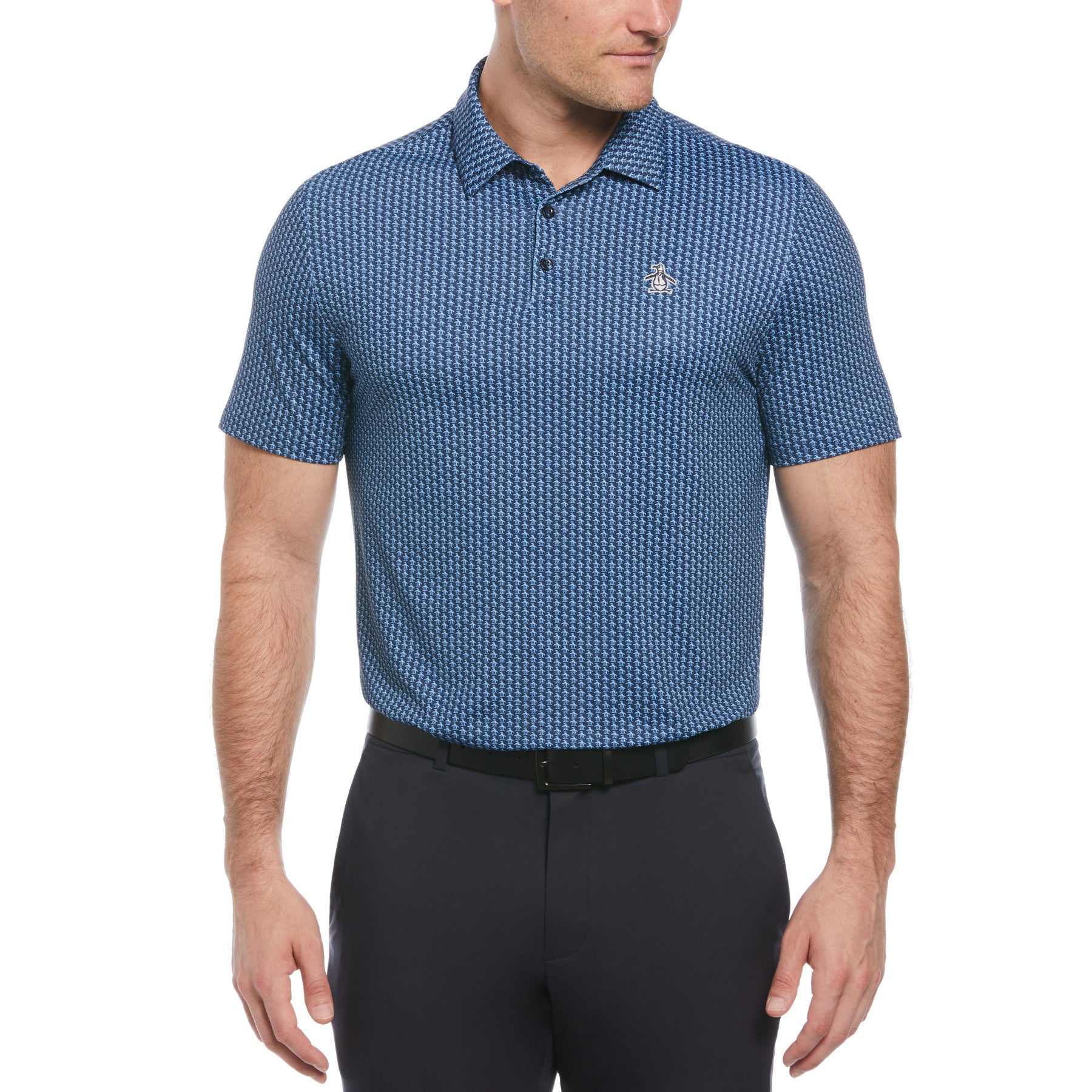 View Allover Pete Print Short Sleeve Golf Polo Shirt In Black Iris information