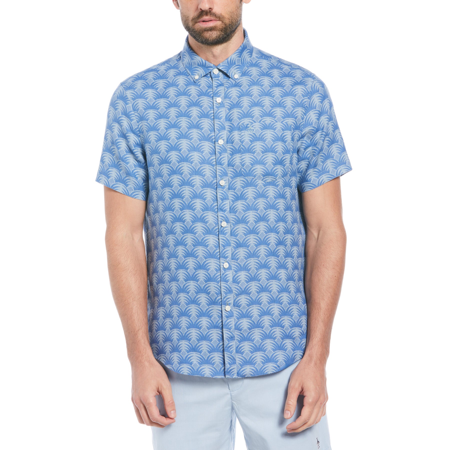 View Delave Linen Geometric Palm Print Short Sleeve ButtonDown Shirt In To information