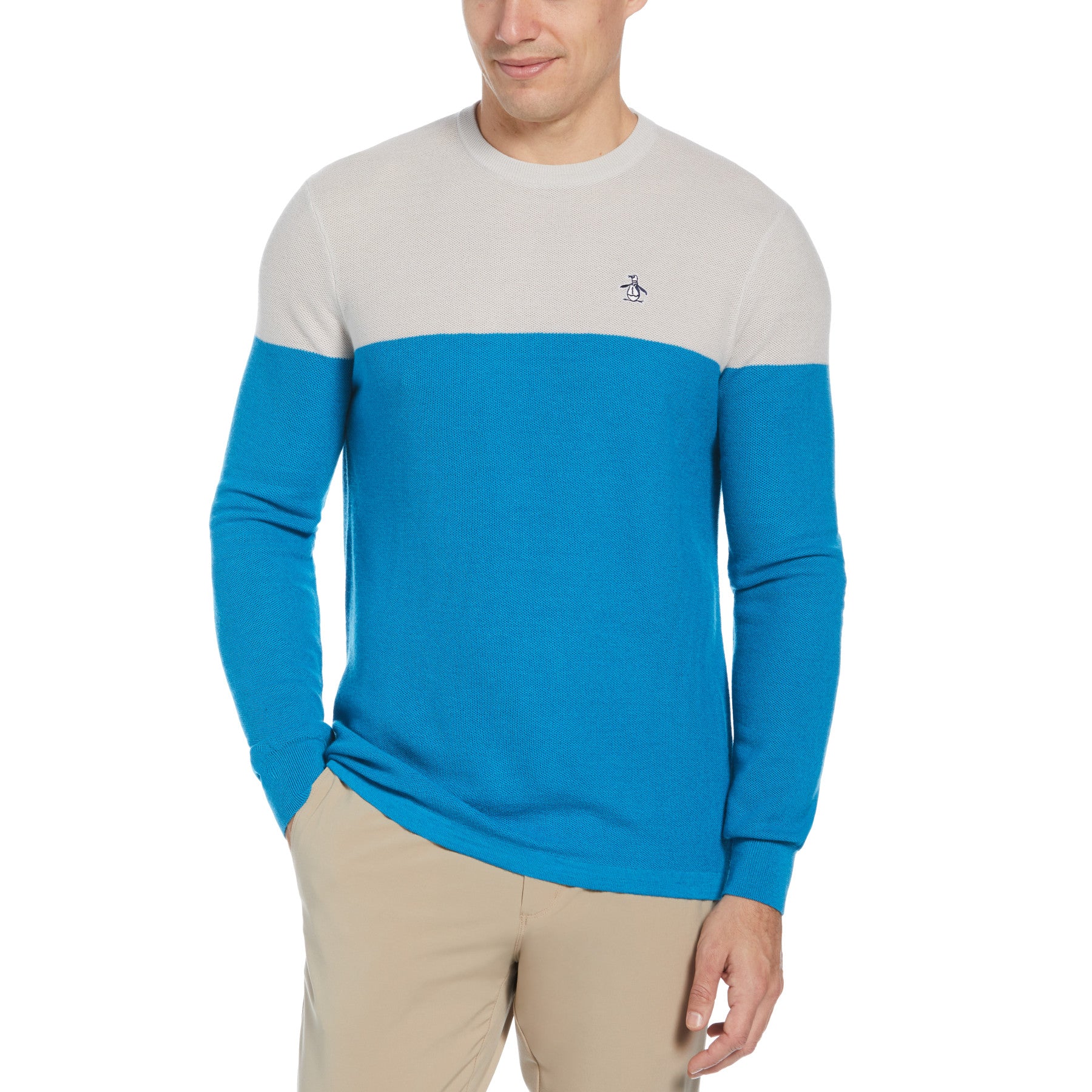 View Colour Block Golf Jumper In Pearl Blue information