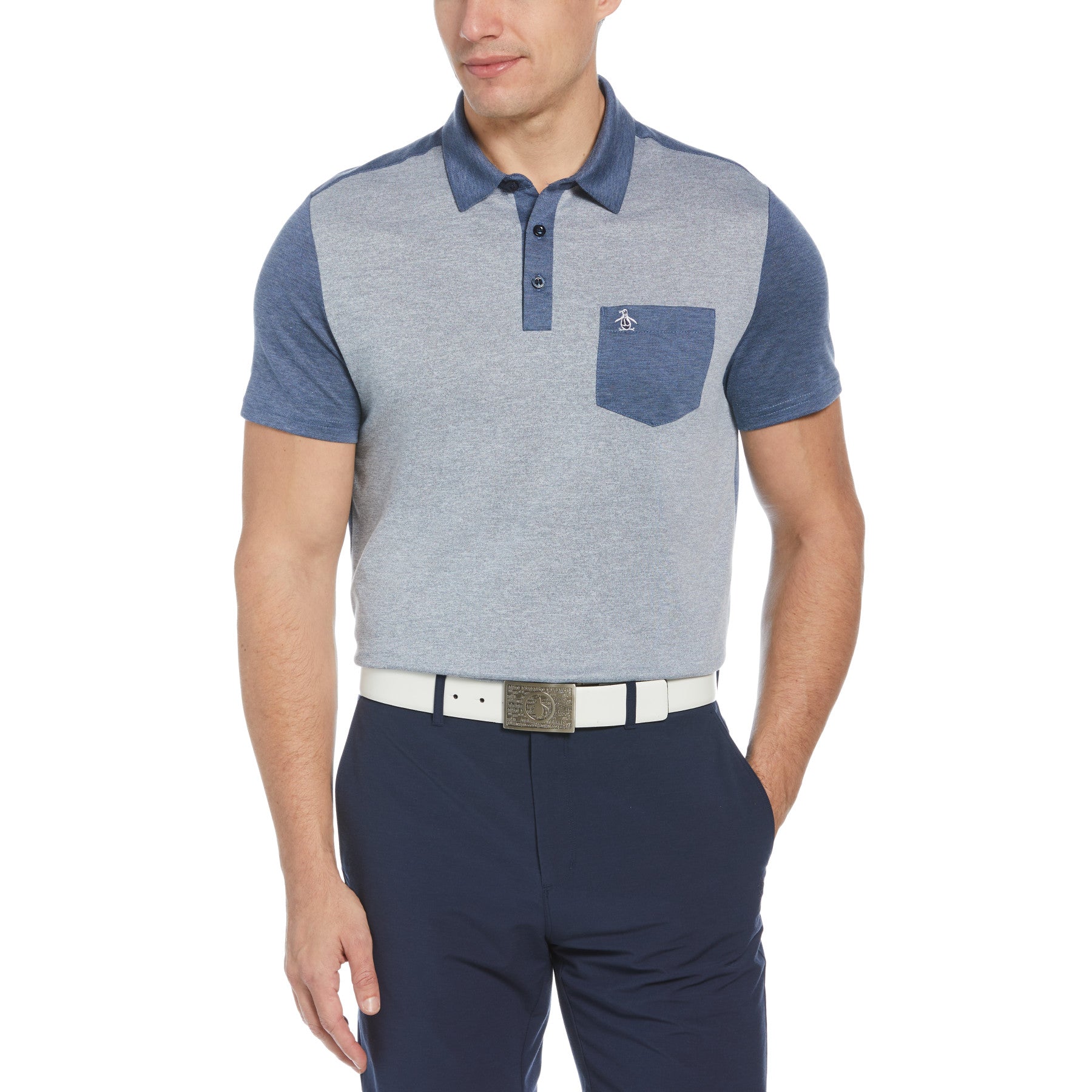 View Colour Block Golf Polo Shirt In Black Iris information