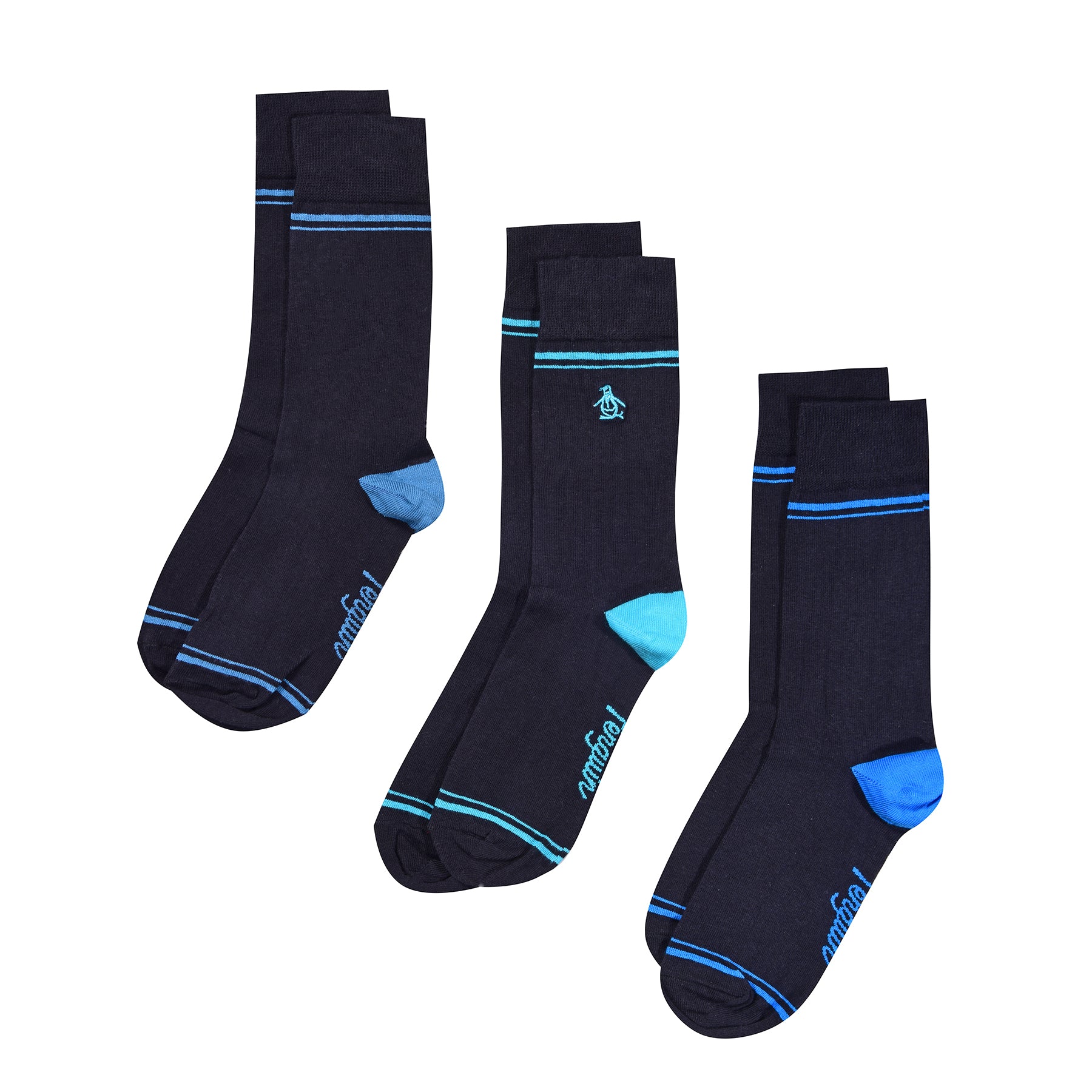 View 3 Pack Penguin Ankle Stripe Welt Socks In Black information