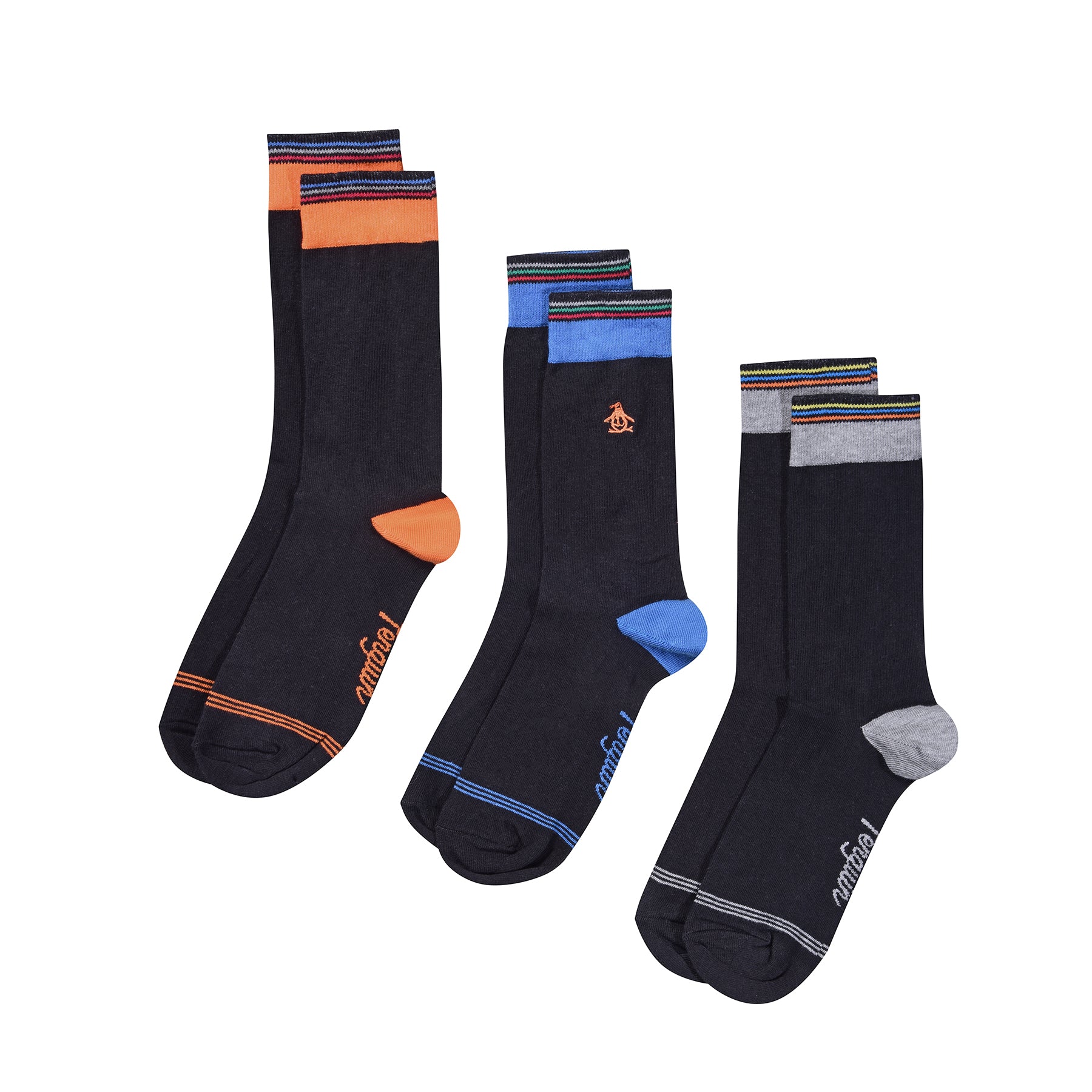 View 3 Pack Mens Penguin Ankle Socks Stripe Welt Black Blue In Black information