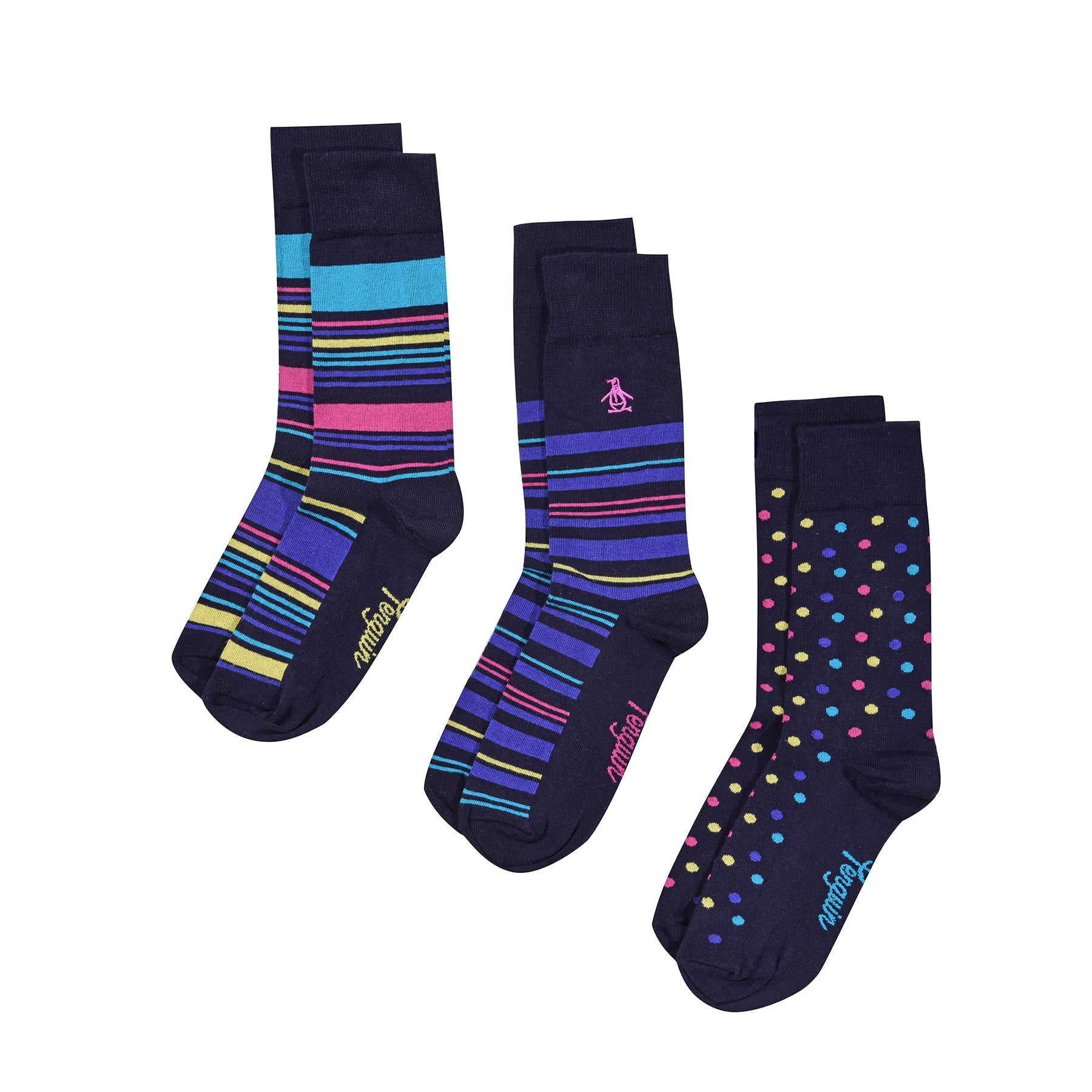 View 3 Pack Mens Penguin Ankle Socks Stripes Spots Navy Blue Pink In Mult information