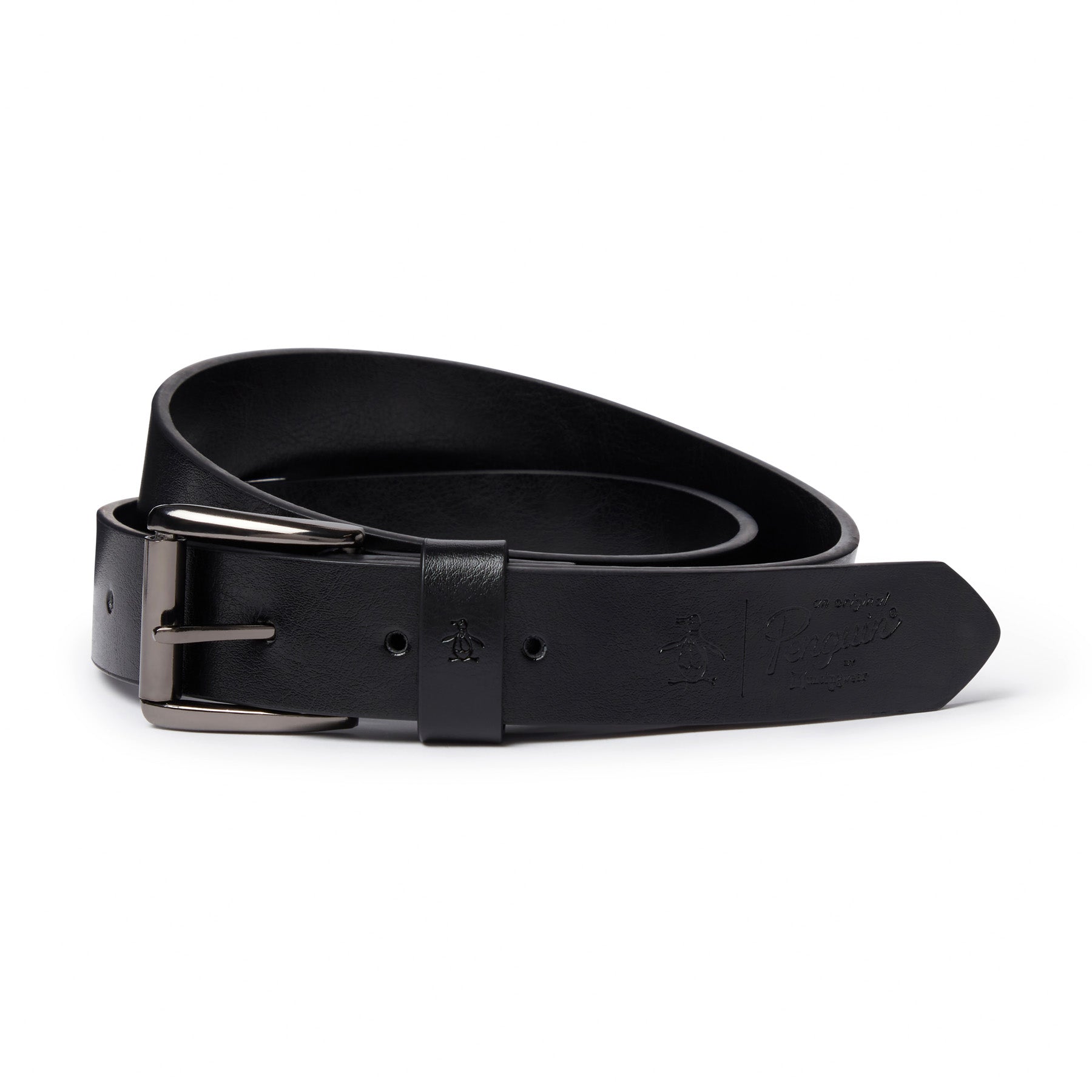 View Original Penguin Charlie Split Leather Belt In Black Black Mens information