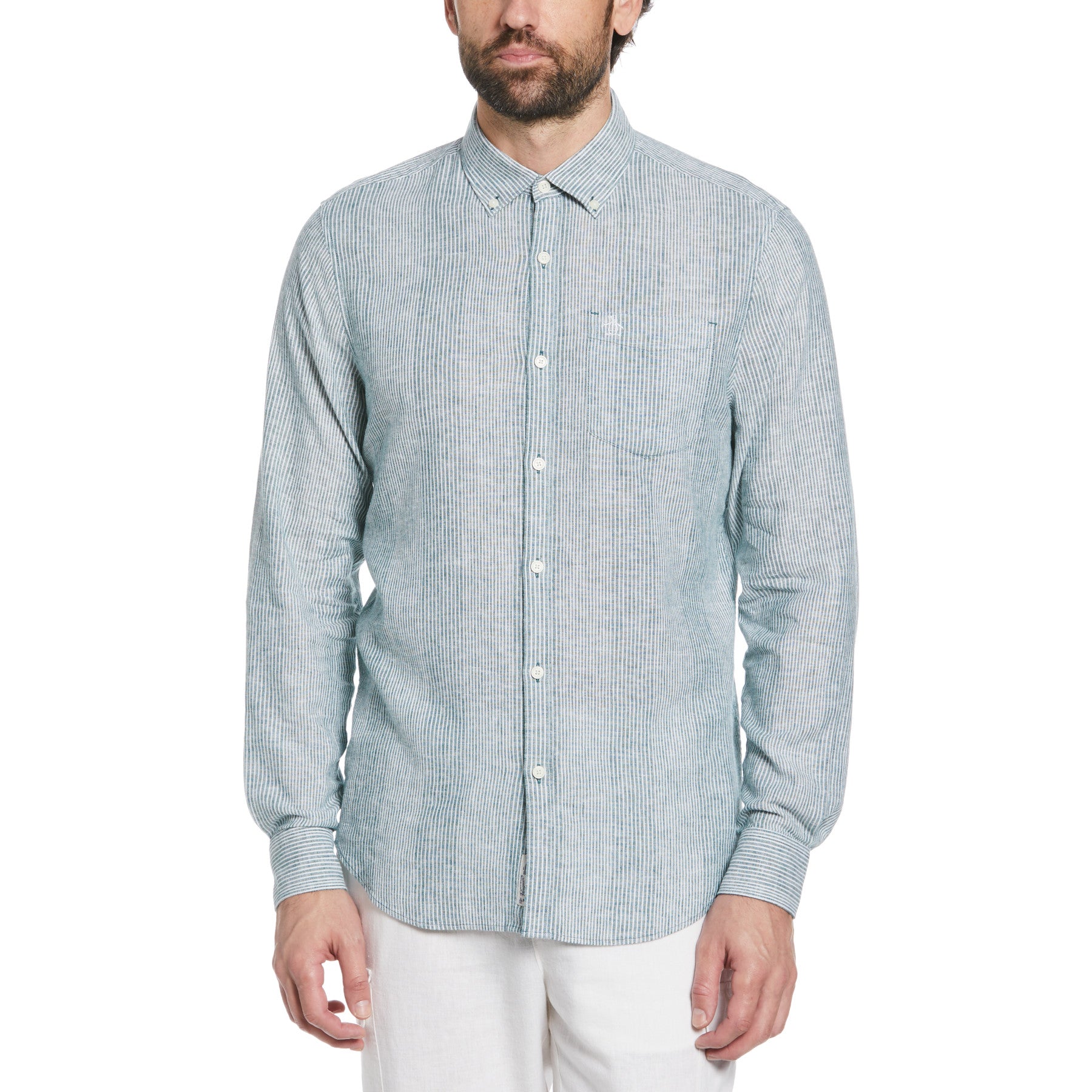 View Ecovero Pinstripe Long Sleeve ButtonDown Shirt In Pacific information