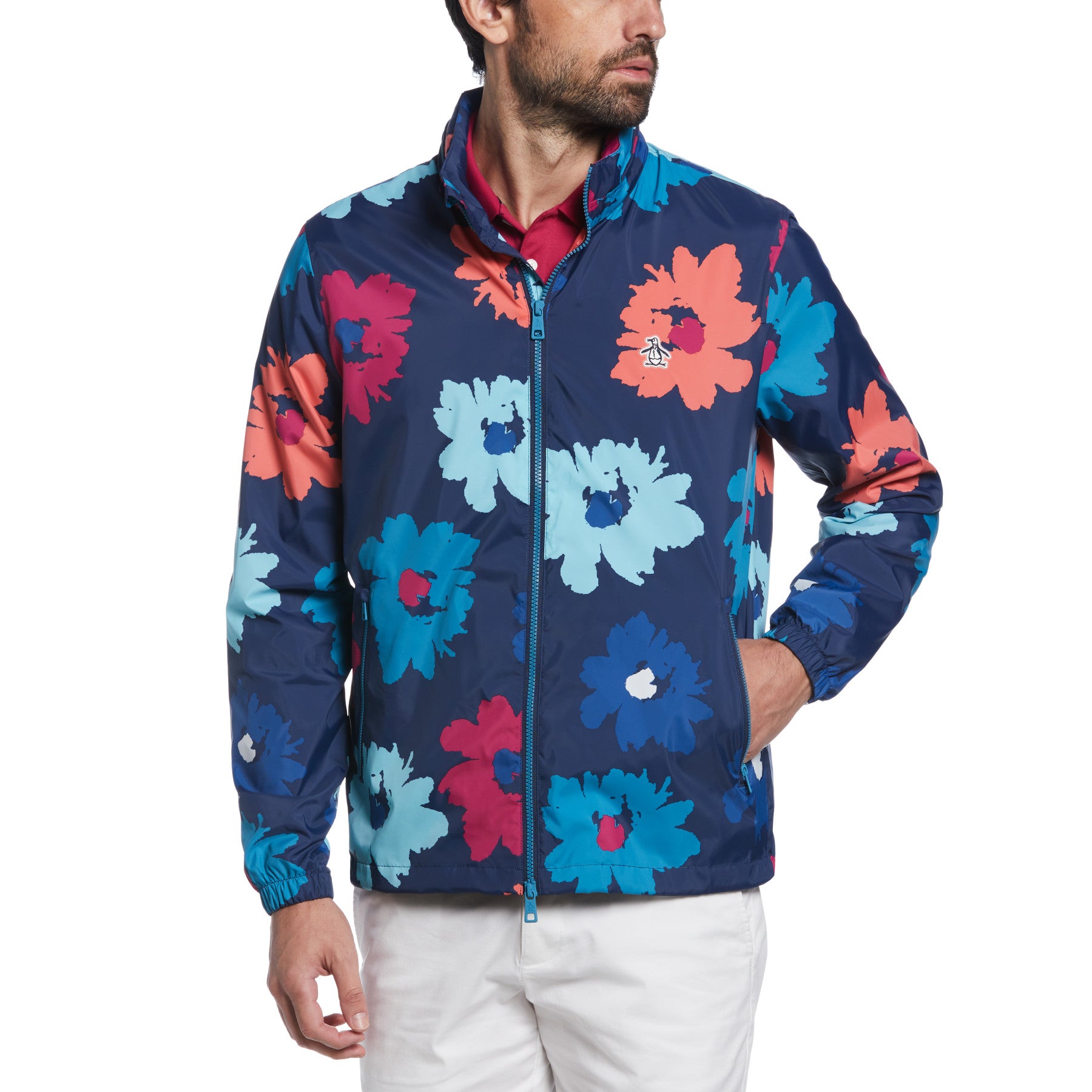 View Floral Print Concealed Hood Jacket In Dress Blues information