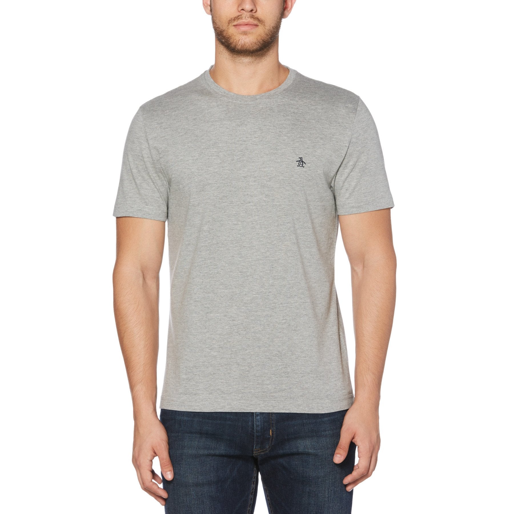 View Original Penguin Pin Point Embroidered Logo Organic Cotton TShirt In Rain Heather Grey Mens information