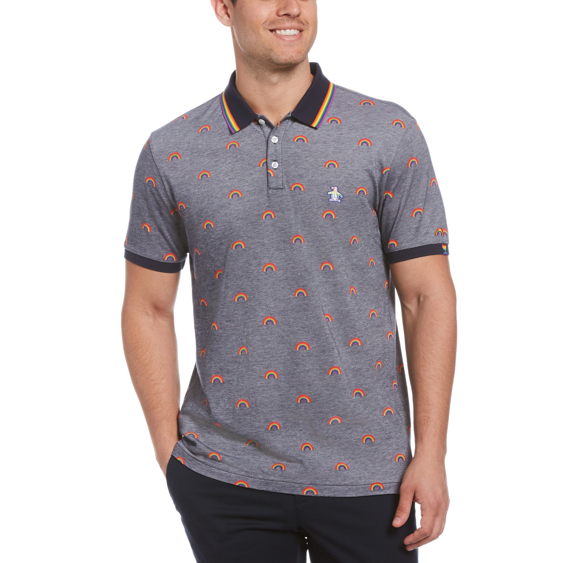 View Pride Rainbow Print Tipped Collar Polo Shirt In Dark Sapphire information