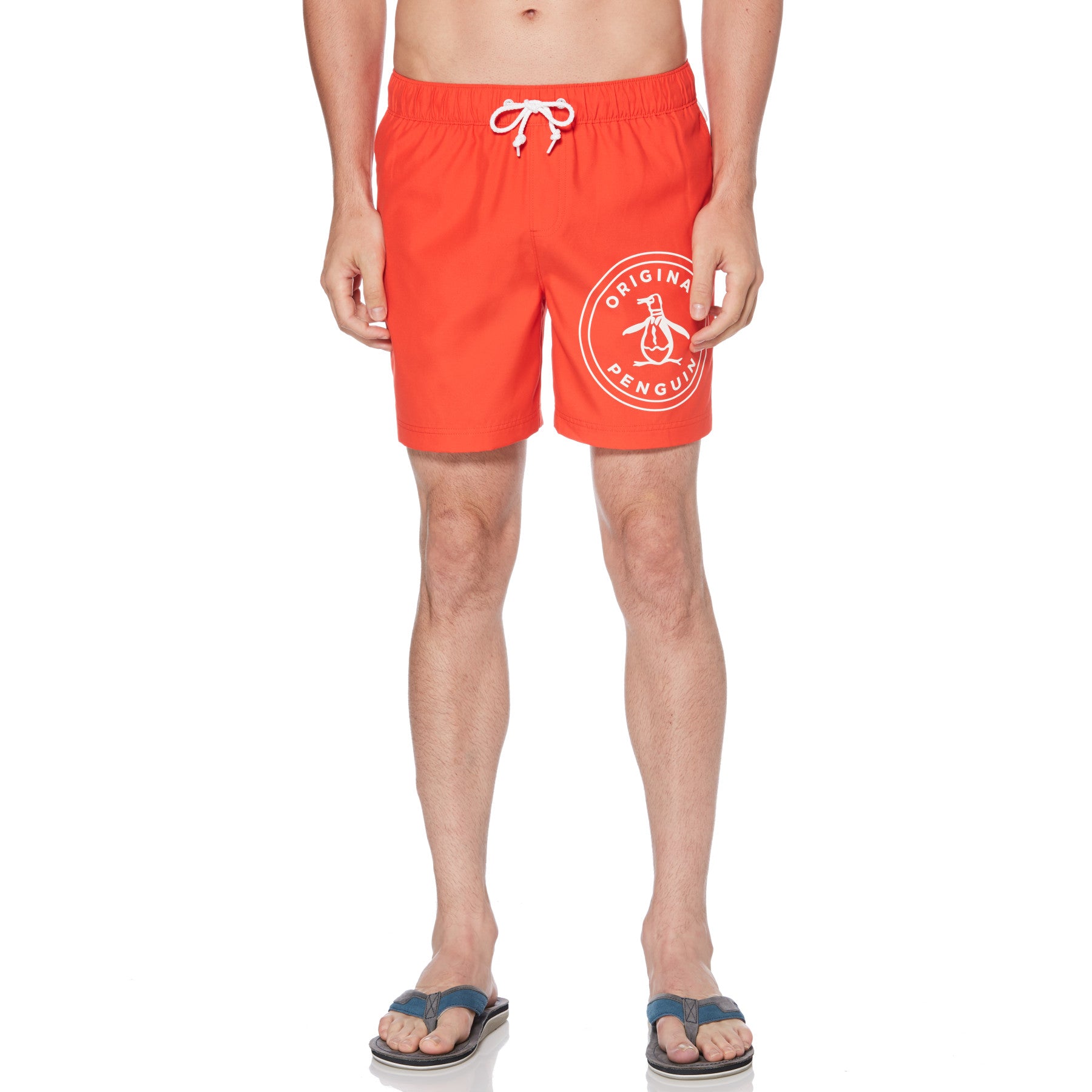 View Original Penguin Stamp Logo Swim Shorts In Flame Scarlet Red Mens information