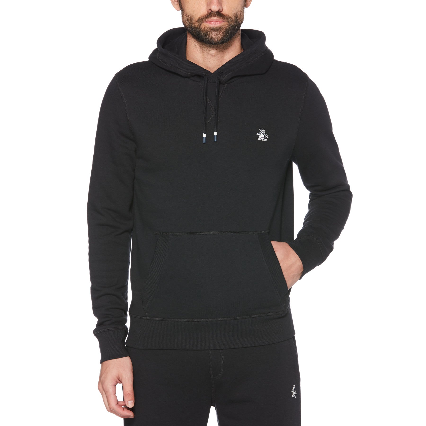 View Original Penguin Sticker Pete Organic Cotton Fleece Pullover Hoodie In True Black Black Mens information