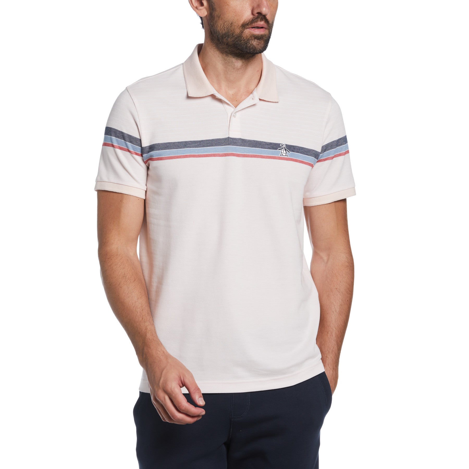 View Engineered Stripe Birdseye Polo In Veiled Rose information