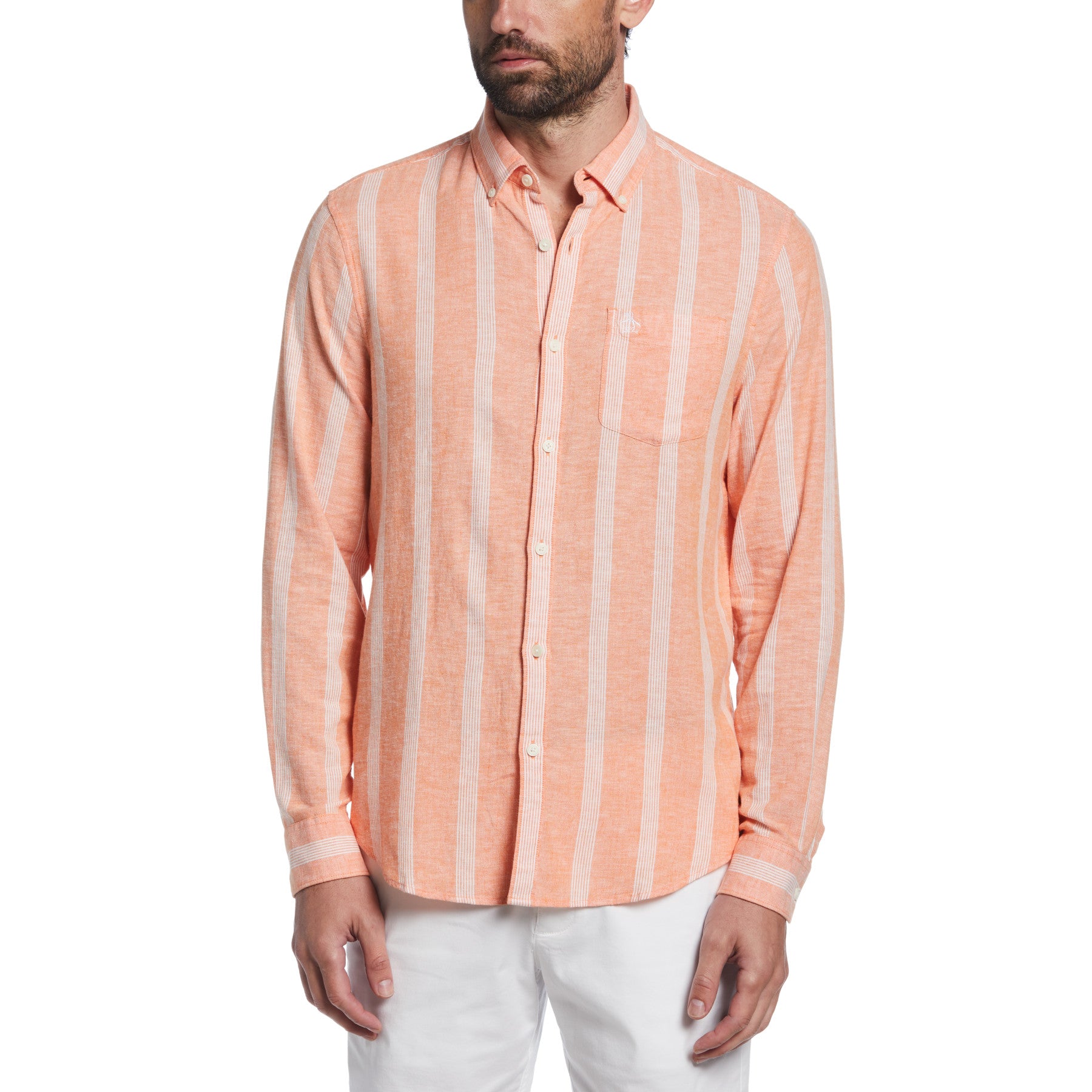 View Linen Ecovero Blend Stripe Shirt In Russet Orange information
