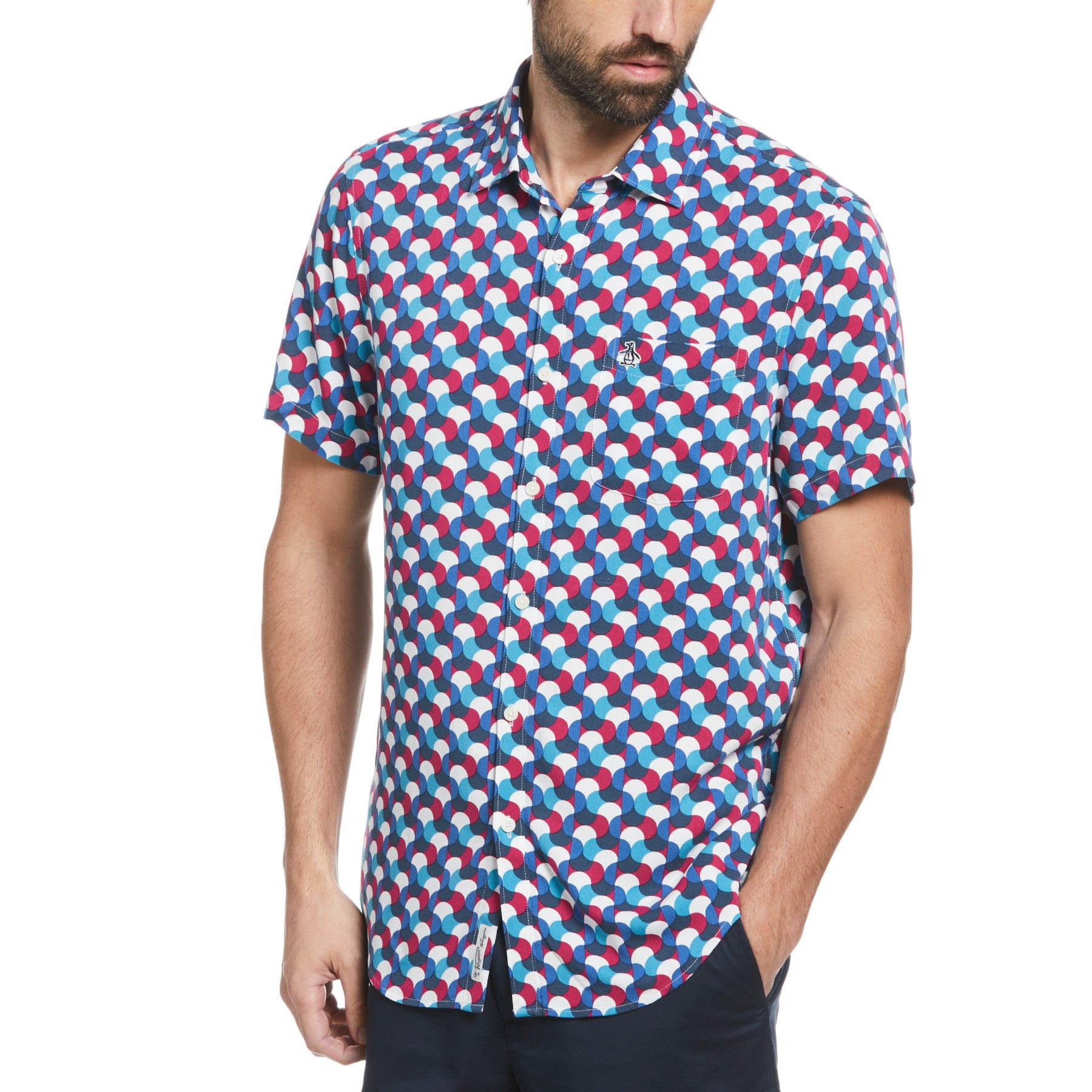 View Premium Ecovero Geo Print Shirt In Mosaic Blue information