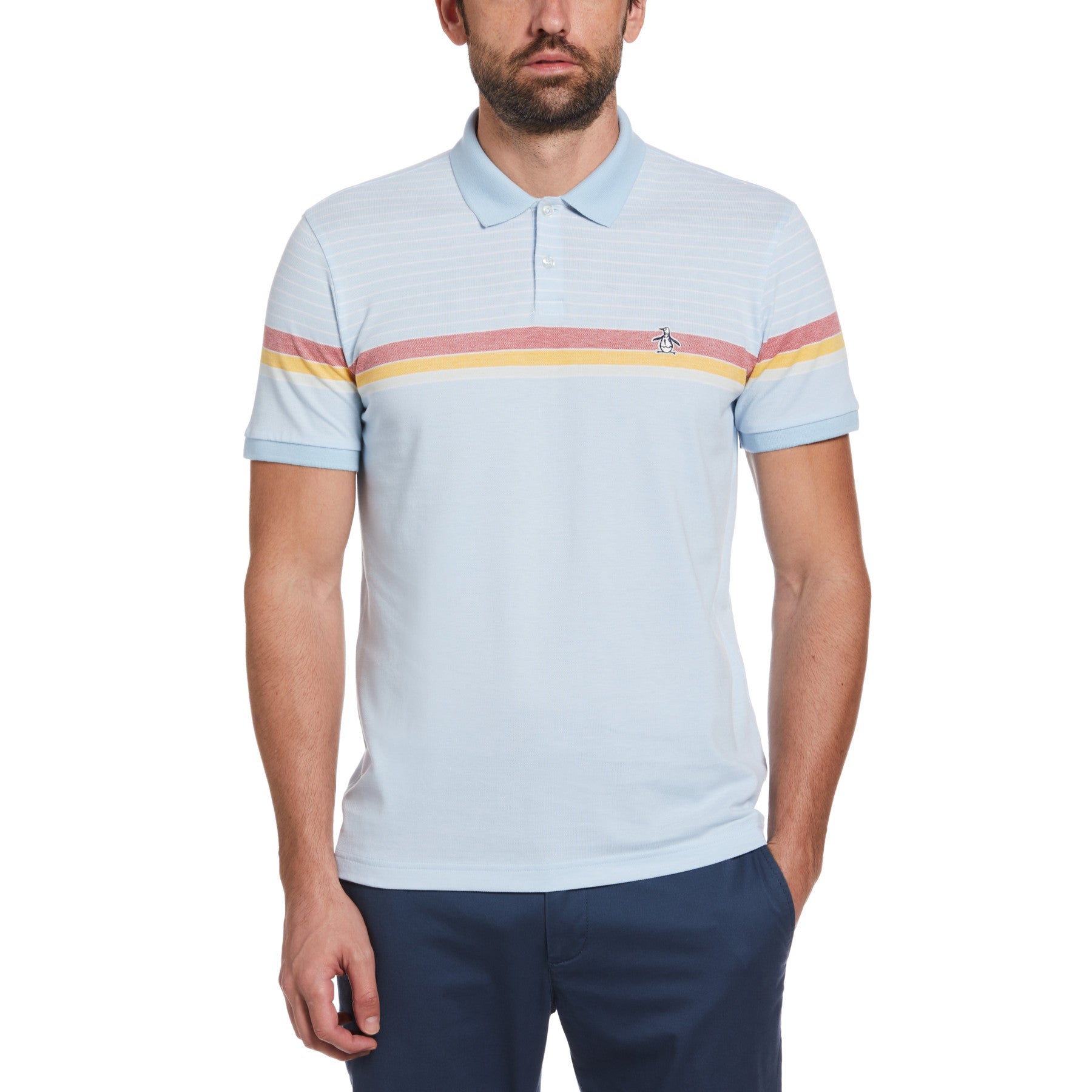 View Engineered Stripe Birdseye Polo In Cerulean information