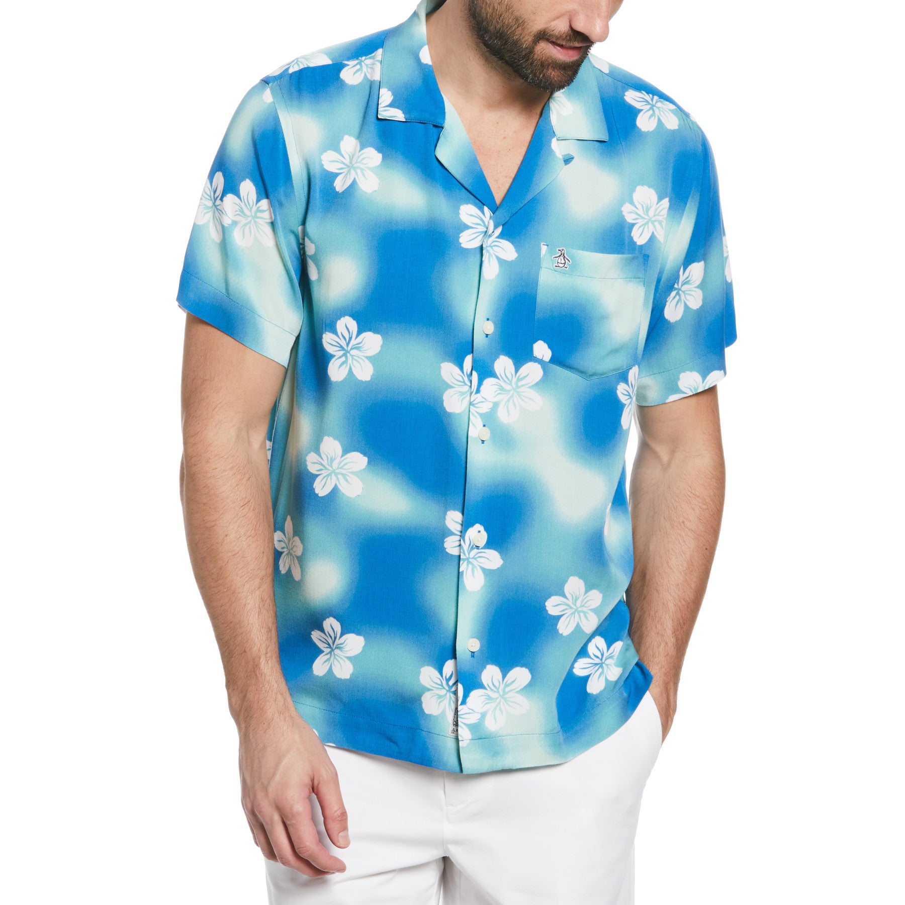 View Ecovero Watercolor Floral Print Camp Collar Shirt In Imperial Blue information