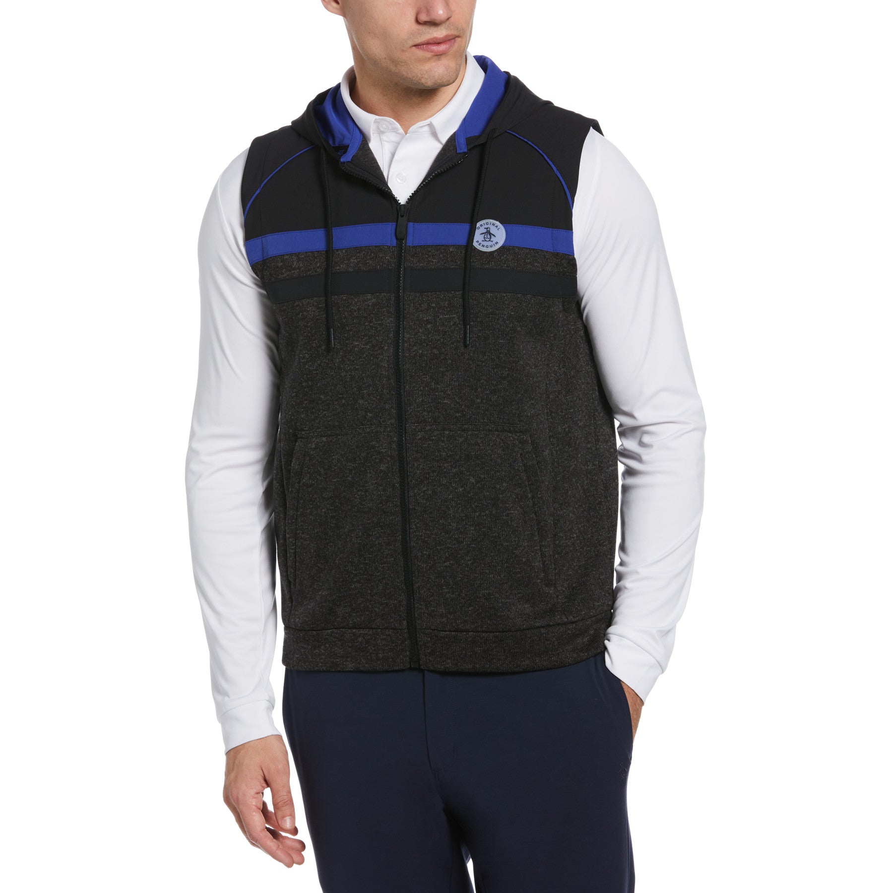 View Mixed Media Fleece Golf Hoodie Vest In Dark Caviar Heather information