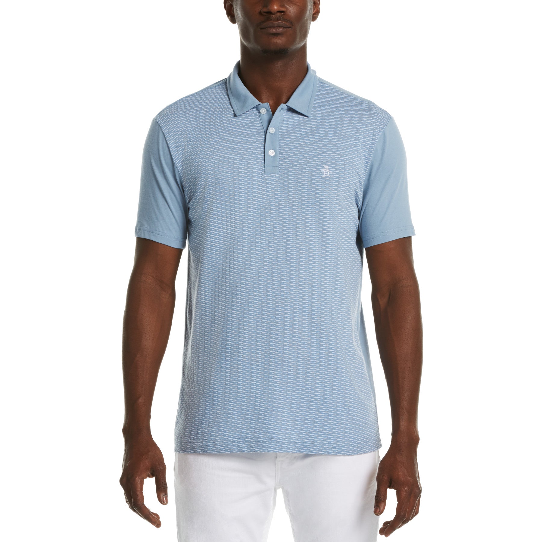 View Jacquard Front Polo Shirt In Faded Denim information