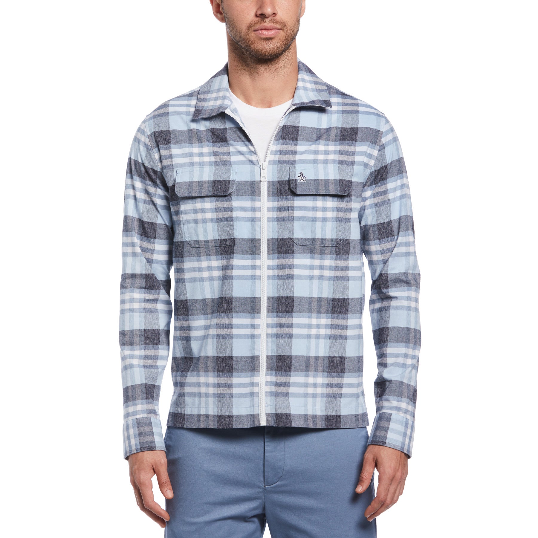 View Premium Ecovero And Cotton Plaid Stretch Shirt With Zip In Cerulean information